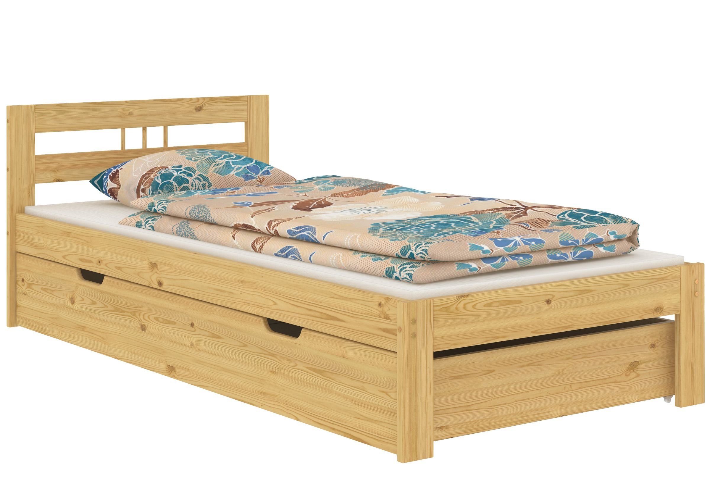 ERST-HOLZ Einzelbett Jugendbett lackiert Massivholzbett Rollrost, Kieferfarblos Bett 90x200 Natur Kiefer