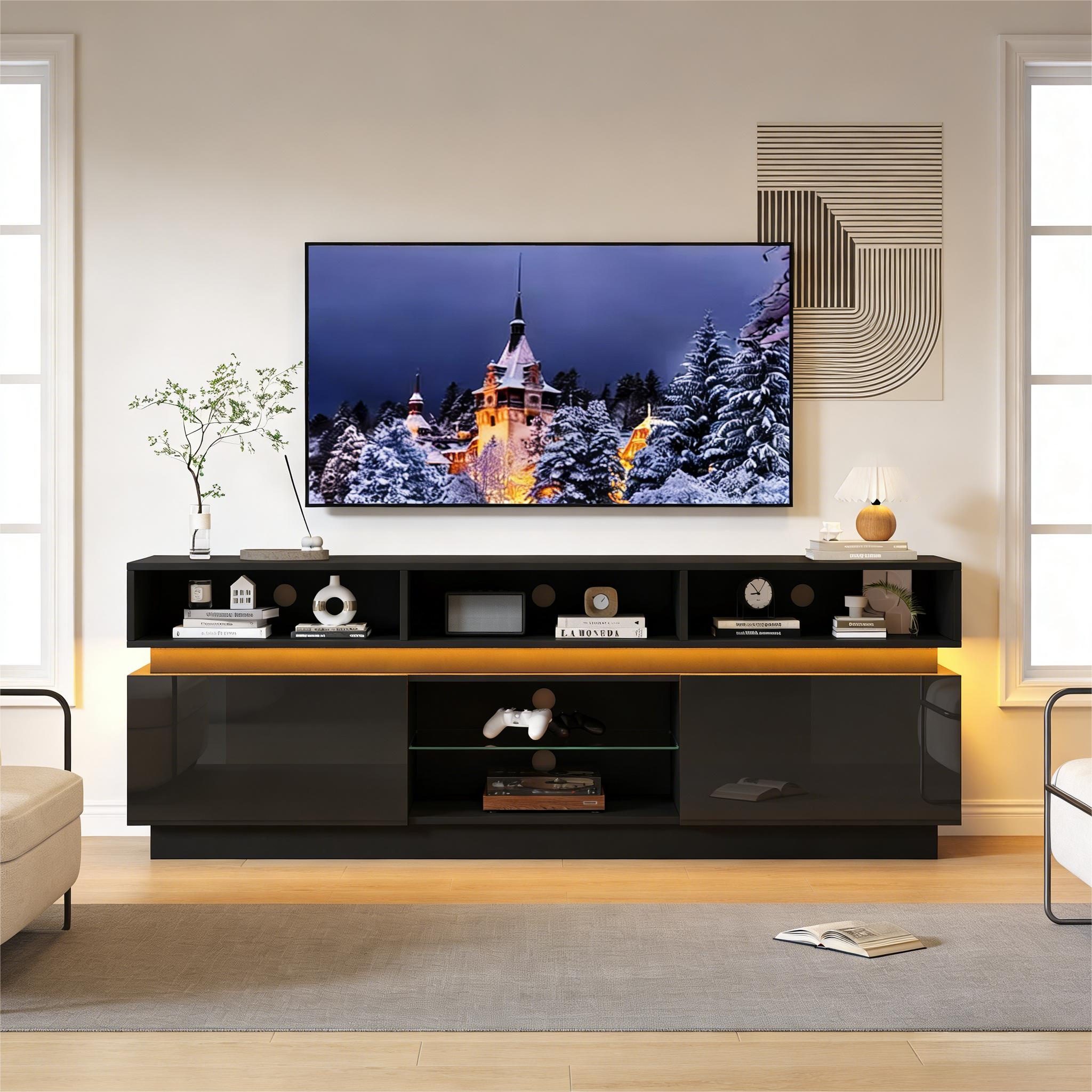 STILVORA Lowboard TV-Ständer mit LED TV-Schrank für 60-Zoll-Fernseher,schwarz (160 × 35 × 60 cm, Robustes Glas, MDF, Hochglanz-Fronten, gehärtetes Glas, für Fernseher bis 60), 10 Staufächer,offene&geschlossene Ablage, platzsparend, moderne Design