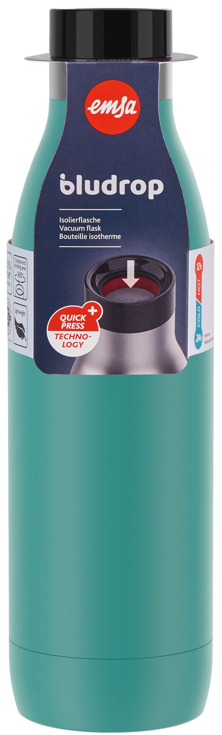 Emsa Trinkflasche Color, 12h Edelstahl, spülmaschinenfest warm/24h Bludrop Quick-Press petrol kühl, Deckel
