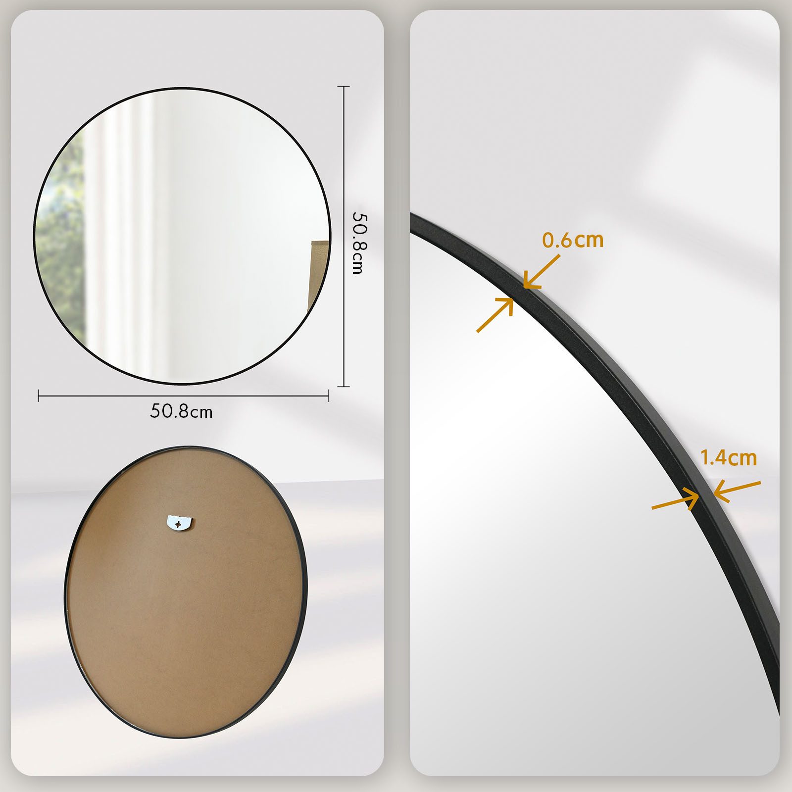 Floordirekt Wandspiegel Bella, Runder Spiegel mit schwarzem Aluminiumrahmen, in 3 Größen (Kristallklar & Rostfrei, 1-St., 50cm Durchmesser), Anti-Glasspliter Fo – Bild 5 von 5