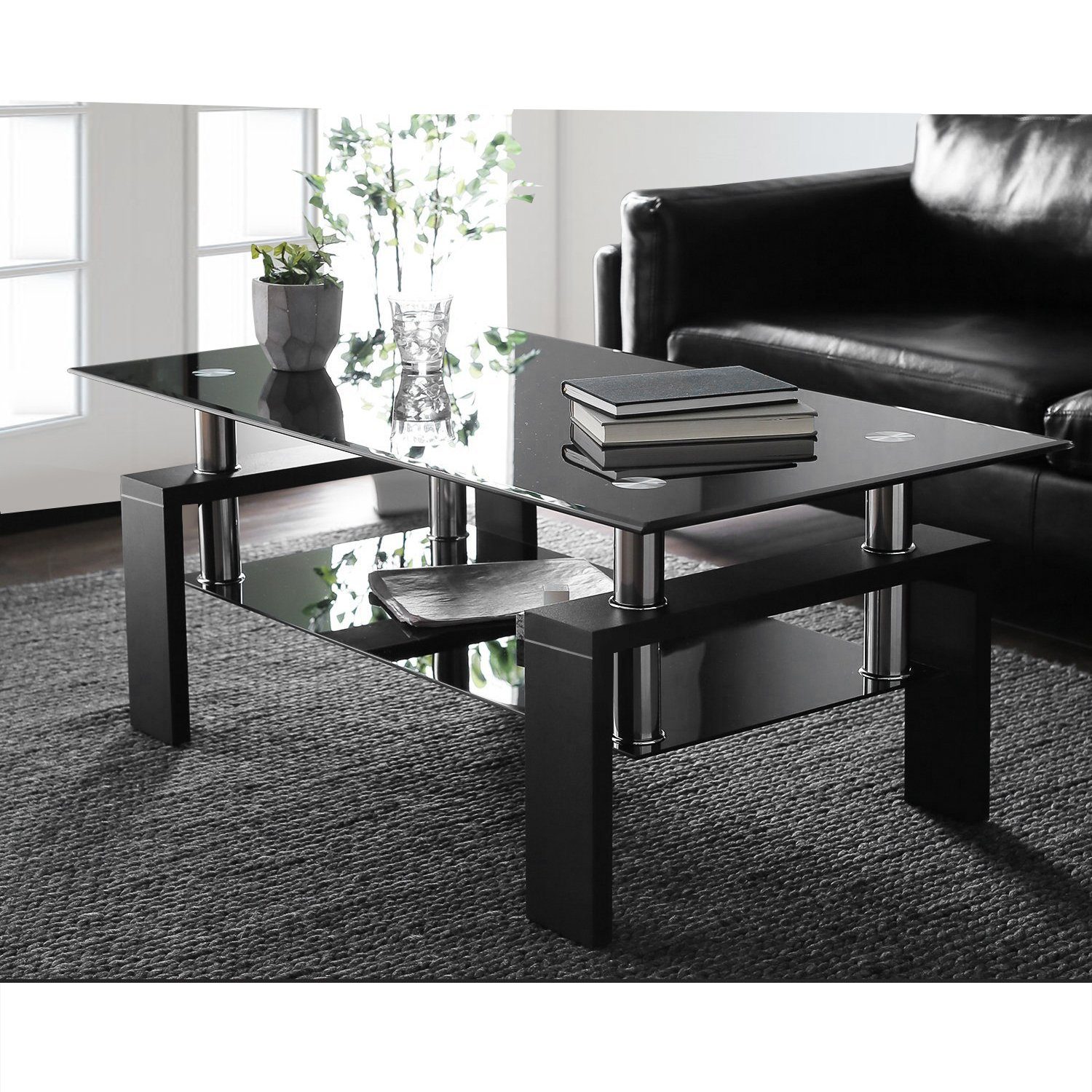 Couchtisch (Couchtisch aus gehärtetem Glas), Schwarz Glastisch Teetisch mit unterem Regal und Holzbeinen