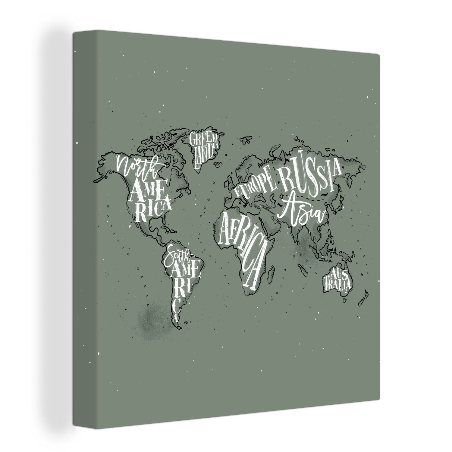 OneMillionCanvasses® Leinwandbild Weltkarte - Grau - Weiß - Buchstaben, (1 St), Leinwand Bilder für Wohnzimmer Schlafzimmer