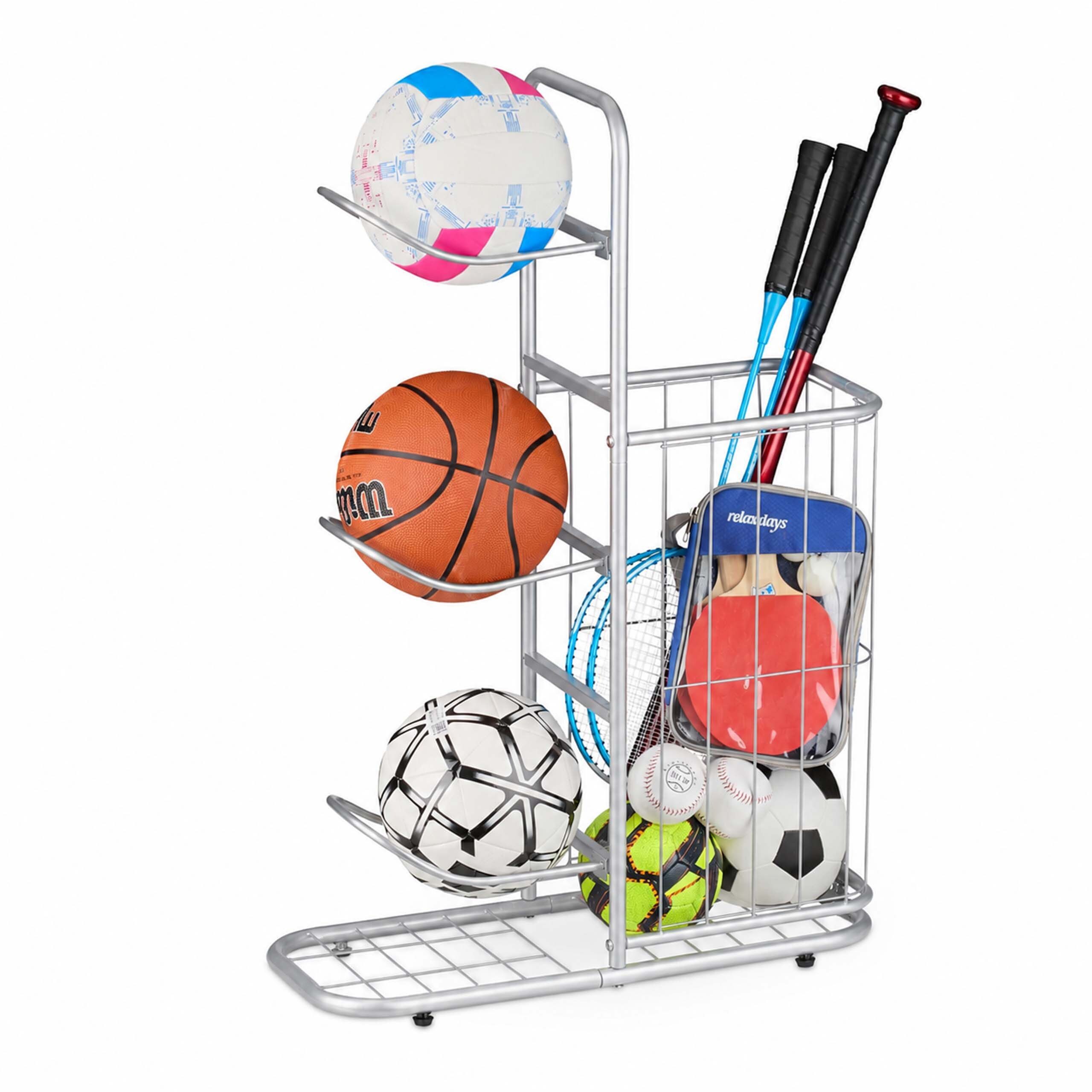 relaxdays Sportgeräte-Regalwagen Ballständer mit 3 Ablagen und Korb, silber