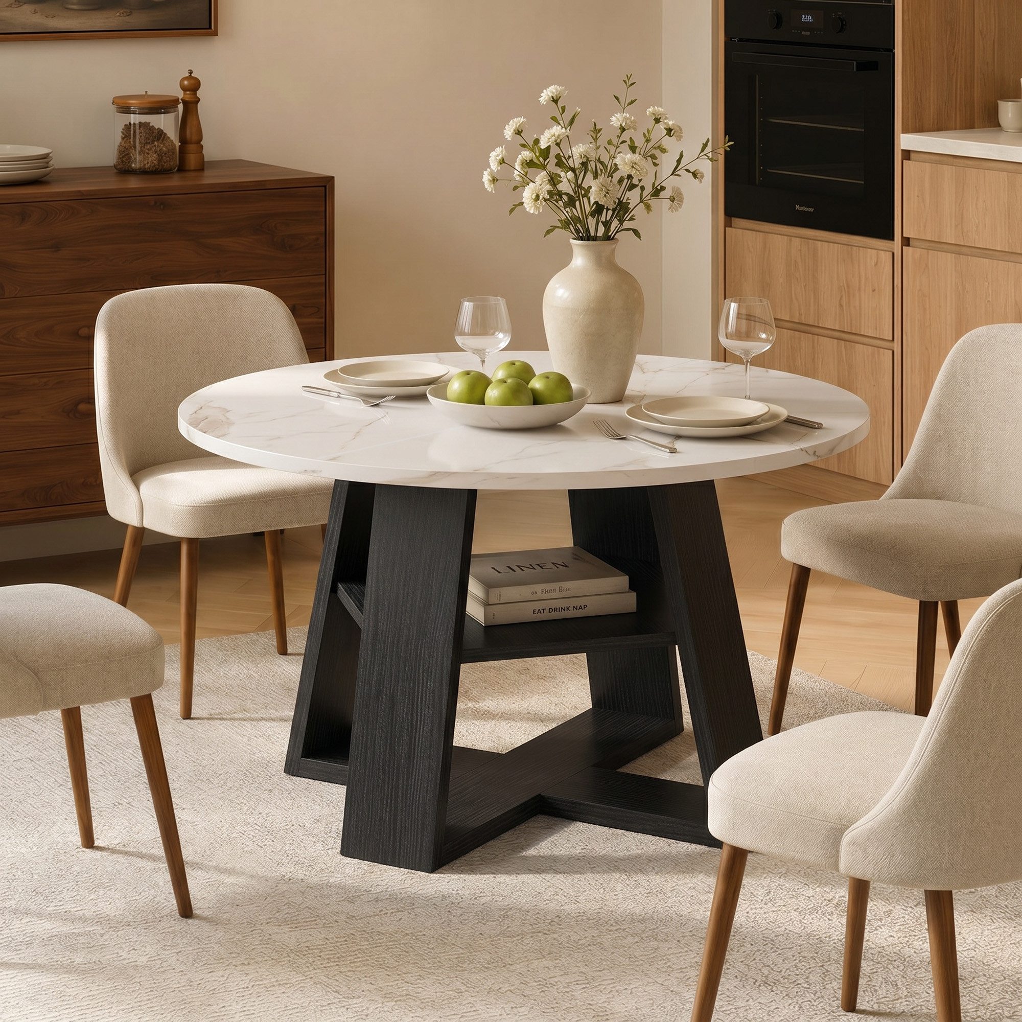 HawthyHome Esstisch aus Holz mit Ablagefach & X-förmigem Metallgestell, runder (1-St), mit Ablagefach & X-förmigem Metallgestell