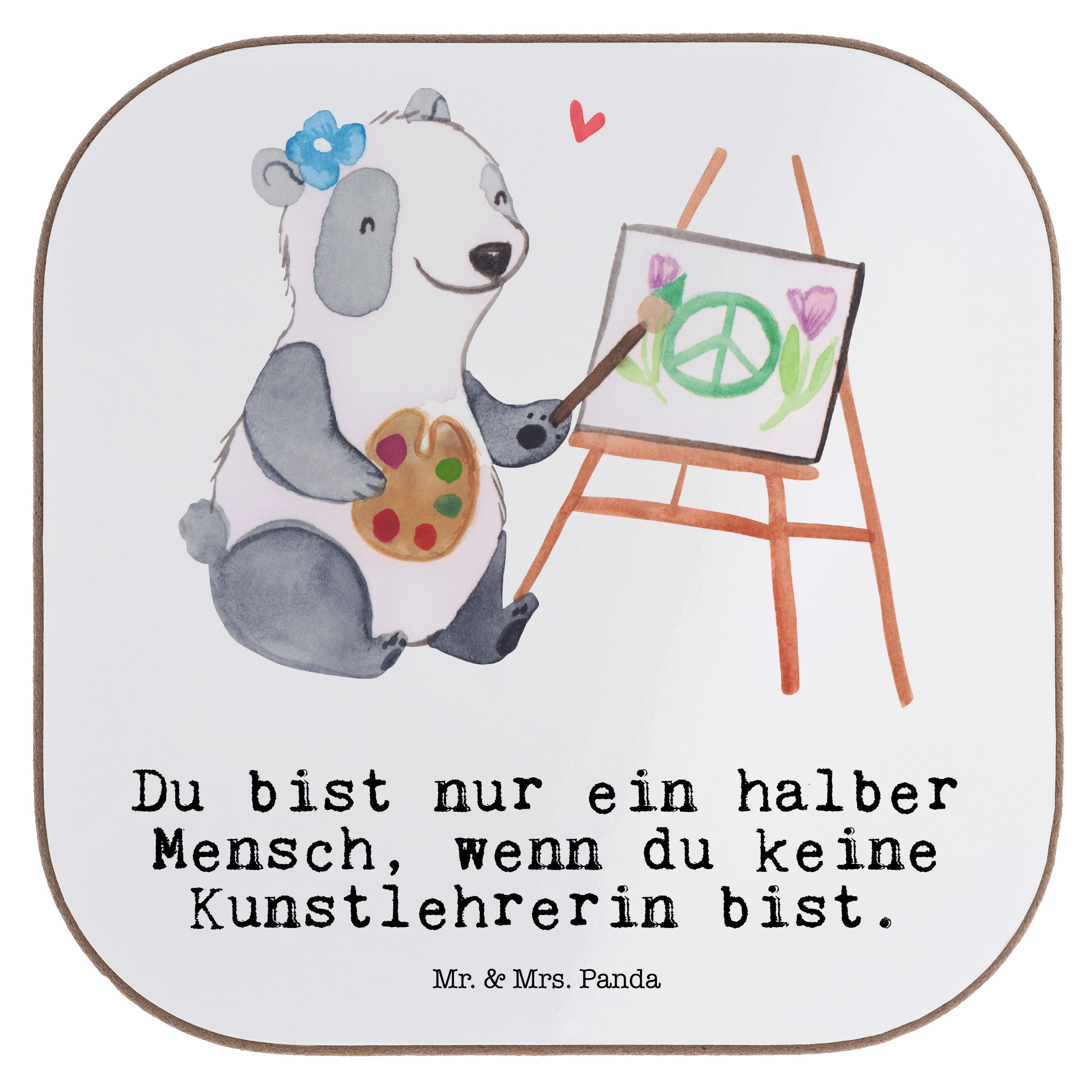 Mr. & Mrs. Panda Getränkeuntersetzer Kunstlehrerin mit Herz - Weiß - Geschenk, Rente, Getränkeuntersetzer, 1-tlg.