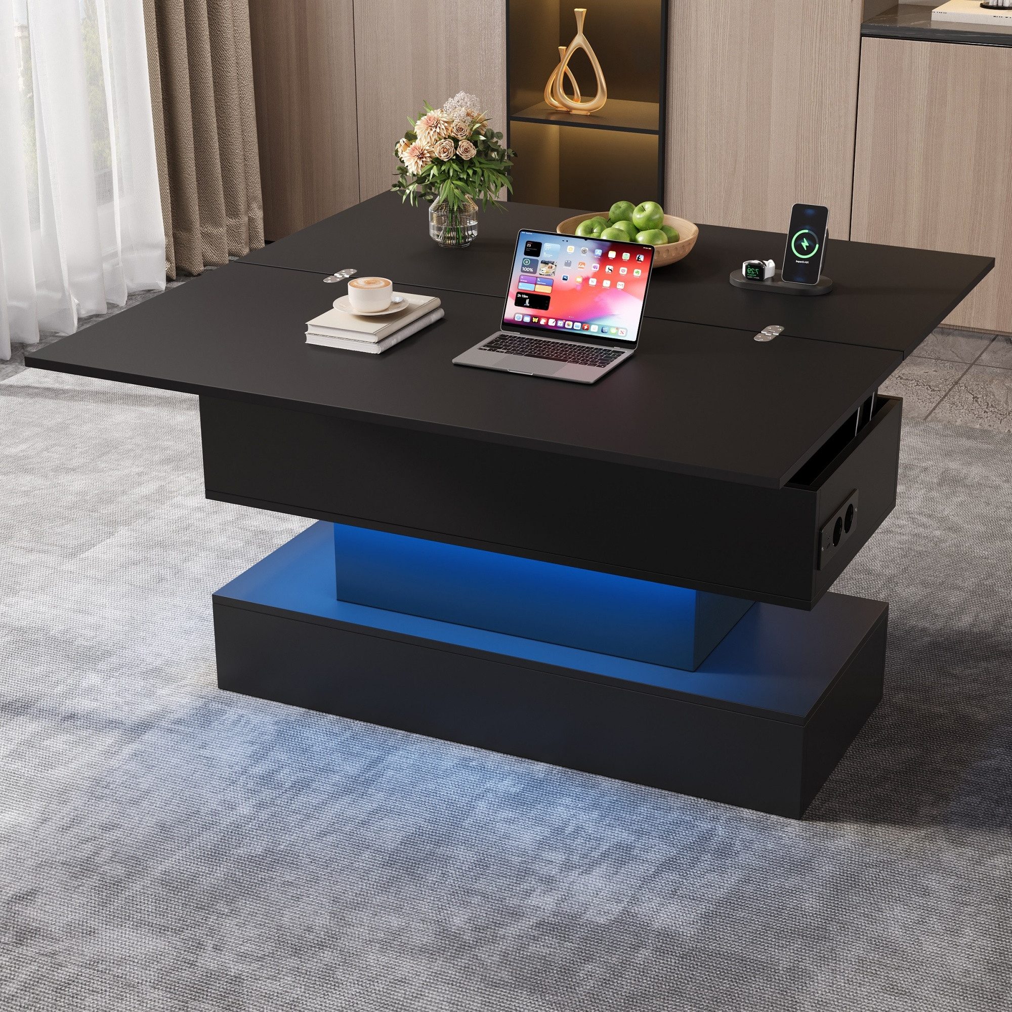 Merax Couchtisch Sofatisch Beistelltisch mit LED-Beleuchtung & USB/USB-C & Steckdose (1-St), Wohnzimmertisch höhenverstellbar & ausklappbar, 100x50x51,5cm