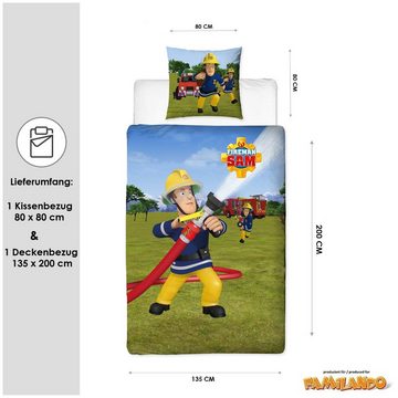 Kinderbettwäsche Feuerwehrmann Sam "Mission" 135x200 + 80x80 cm aus 100% Baumwolle, Familando, Renforcé, 2 teilig, mit Wendemotiv auf Bettdecke und Kopfkissen