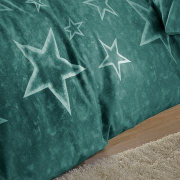 Bettwäsche Grüne Sterne, BETTWARENSHOP, Biber, 2 teilig, flauschig warmer Sternenlook