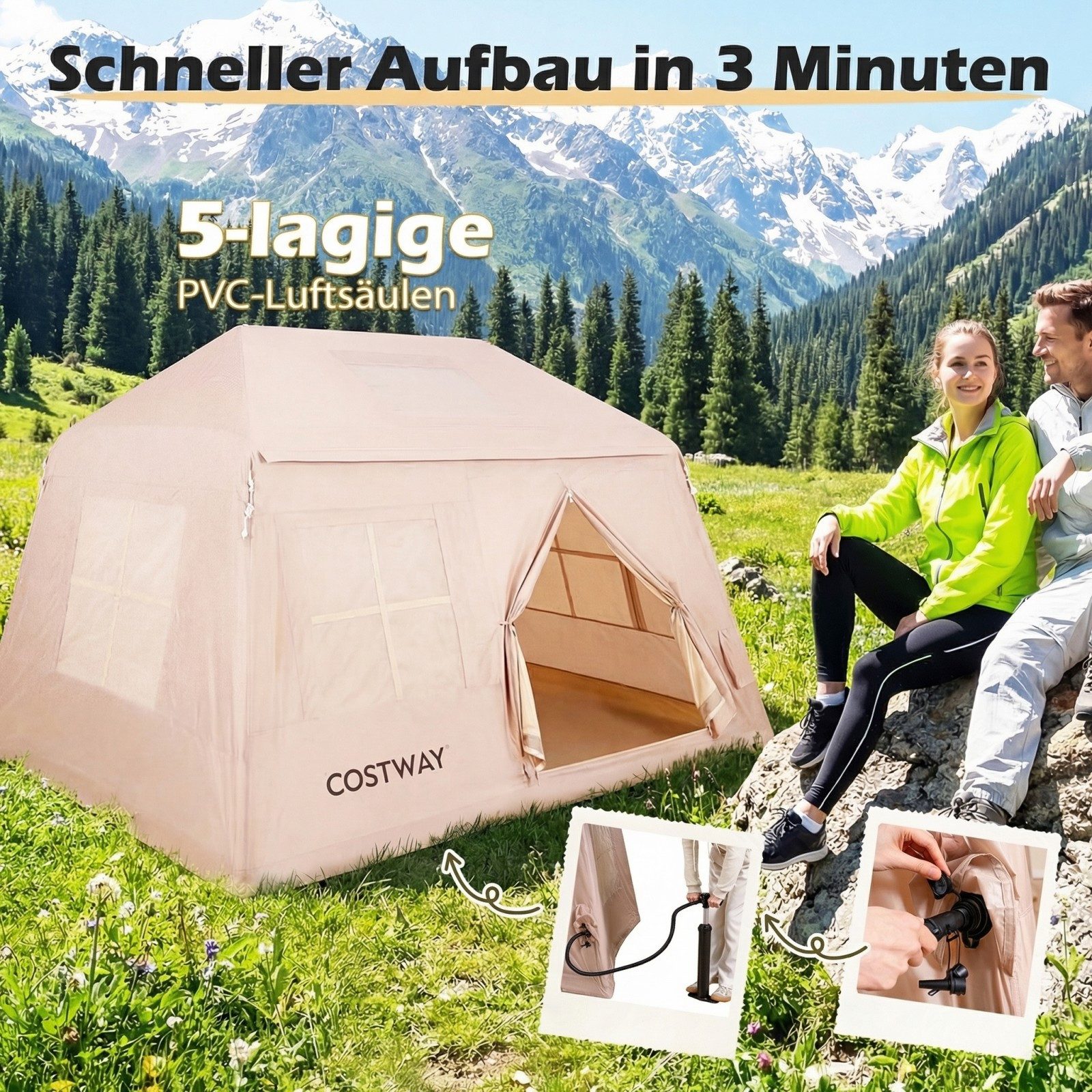COSTWAY aufblasbares Zelt, Personen: 6, Luftzelt mit Vordach, Campingzelt