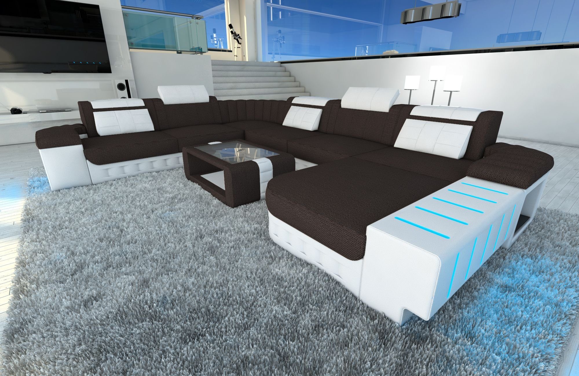 Sofa Dreams Wohnlandschaft Sofa Couch Stoff Bellagio XXL U Form Polster Stoffsofa, mit LED, wahlweise mit Bettfunktion als Schlafsofa, Designersofa H10 Dunkelbraun-Weiss