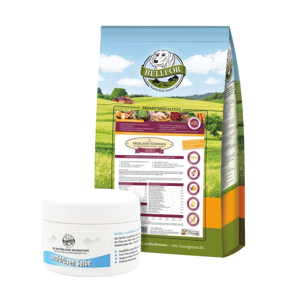 Bellfor Analdrüsen Set: Freiland-Schmaus Mini 2,5kg + Analdrüsen Salbe 30ml, Trockenfutter für: Hunde, 2-teilig, getreidefrei, für kleine Hunde von Bellfor