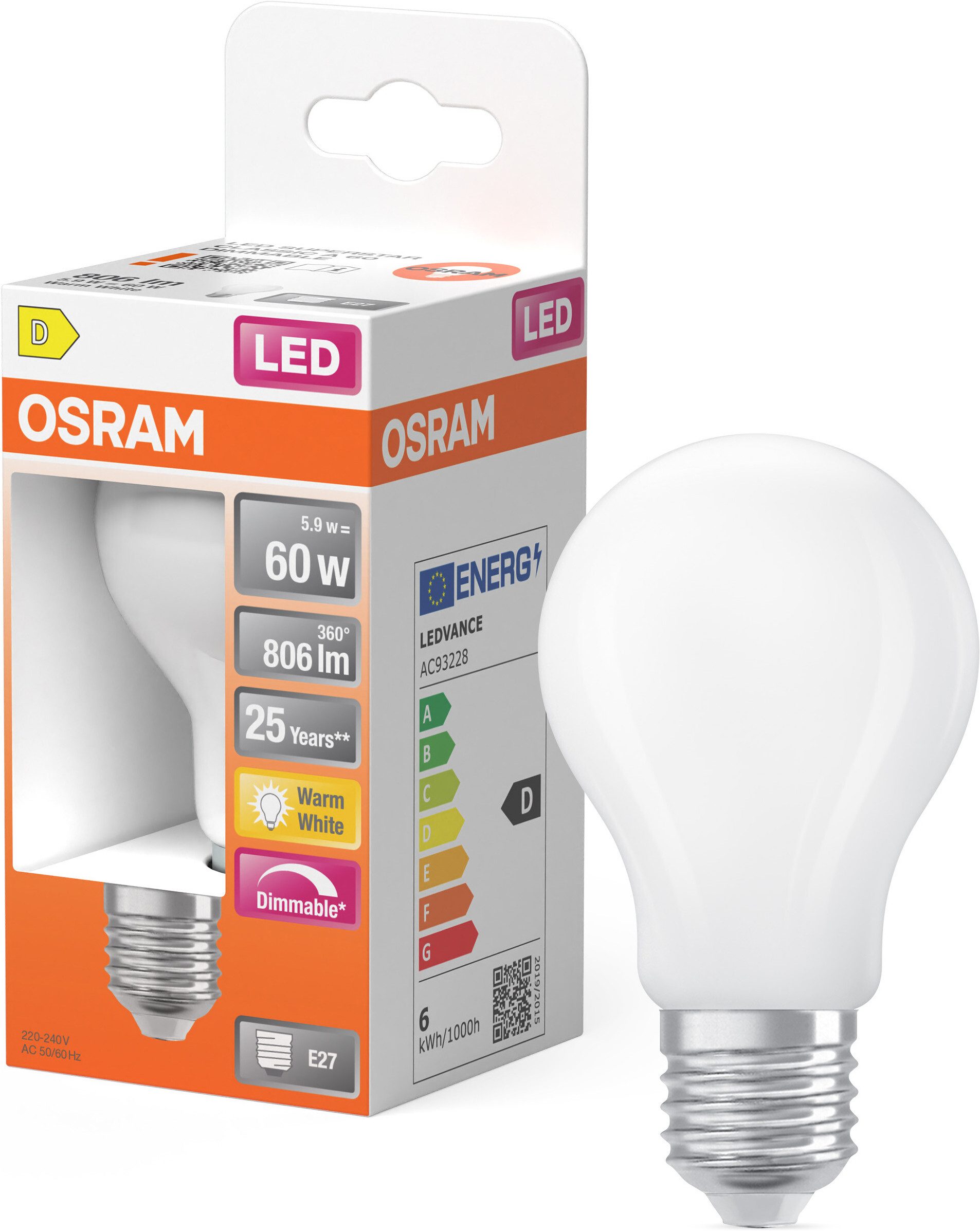 Osram LED-Leuchtmittel LED-Lampe Superstar Kolbenform A60, E27, 1 St., Warmweiß