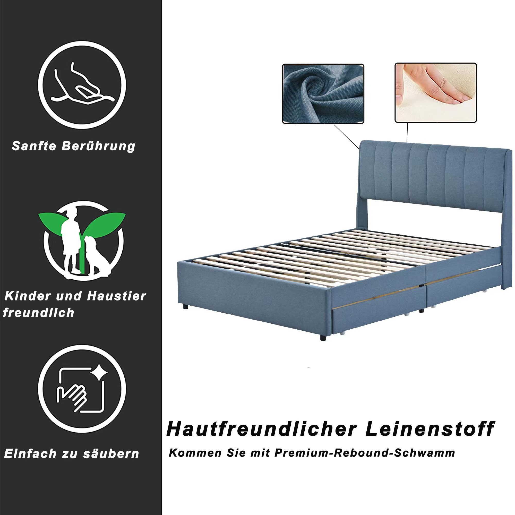 Rückenlehne, Ulife Polsterbett Holzbett 140x200cm Schubladen, Doppelbett und Lattenrost mit 4 Blau