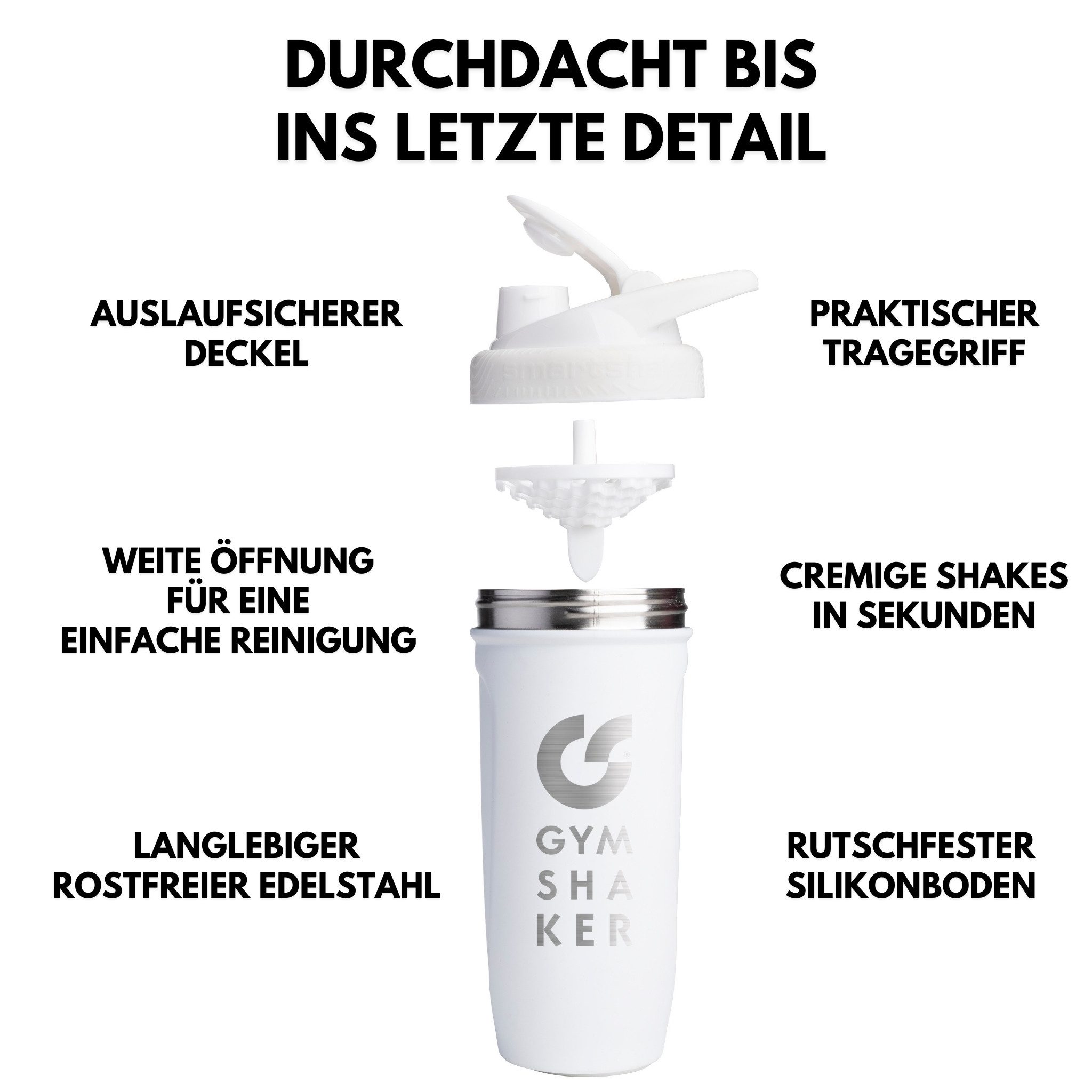 GYMSHAKER Protein Shaker Edelstahl Trinkflasche für Fitness, Sport, Bodybuilding & Muskelaufbau, Edelstahl, (Packung, Shaker aus rostfreiem Edelstahl mit Sieb und weichen Silikonboden), Wabenstruktur-Sieb für cremige Protein Shakes