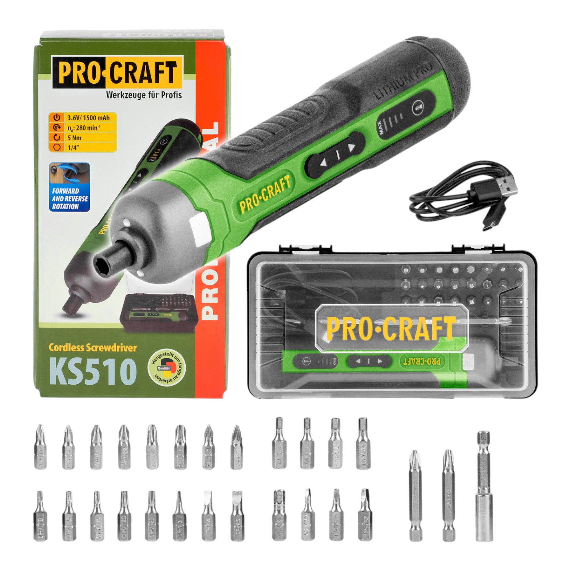 PRO CRAFT Akku-Schraubendreher KS510 3,6V 10 Nm + Integrierter Akku 1,5 Ah + 27 tlg. Bit Set + Koffer