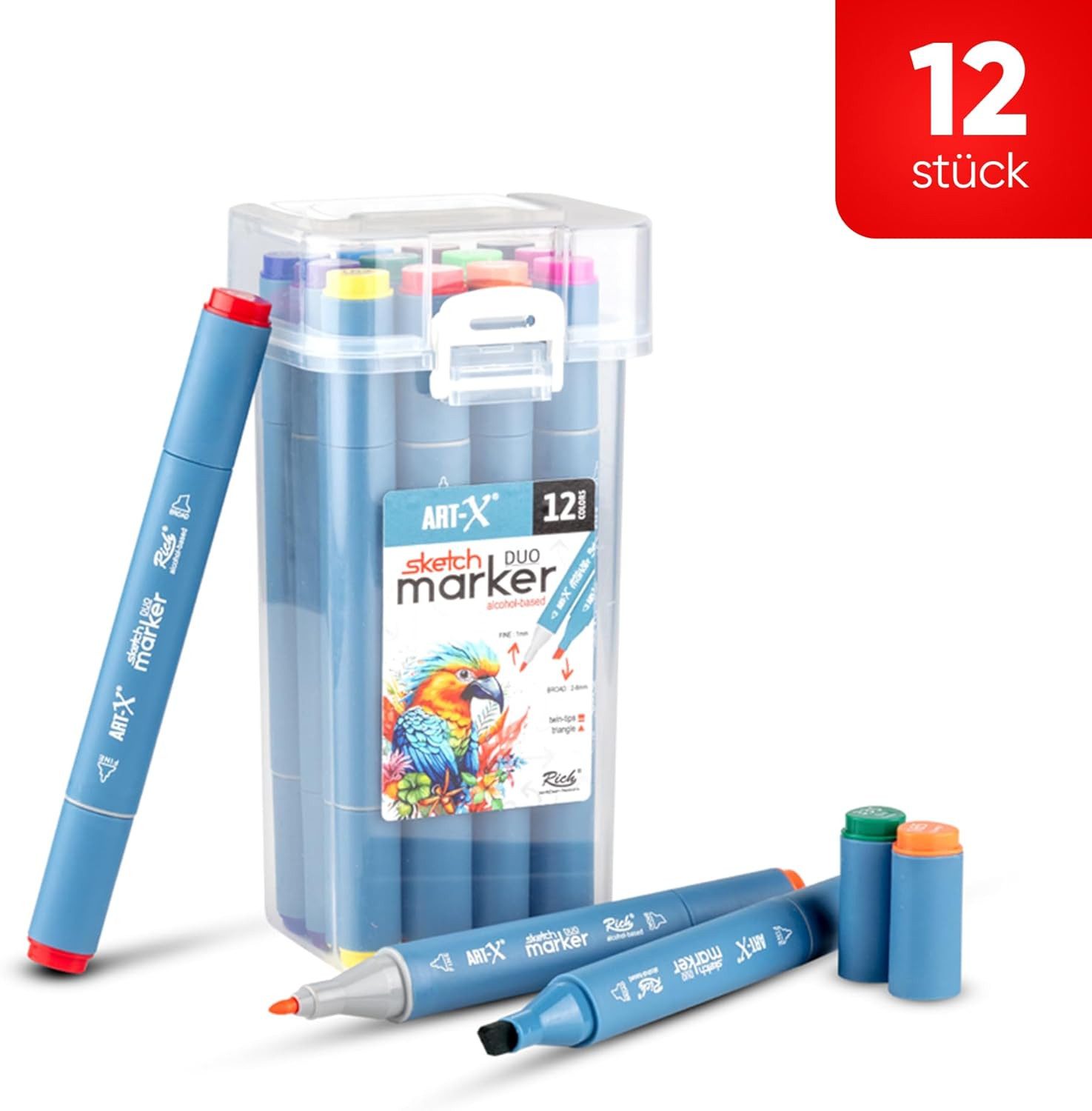 ART-X Marker Skizzen Duo Marker Set - 12 Farben, Alkoholbasiert, Sketch Marker, (Doppelspitzen-Marker-Set, 12-tlg., 12 Farben, Fein- & Keilspitze), Alkoholbasis; Schnelltrocknend; Lichtecht; Doppelseitig