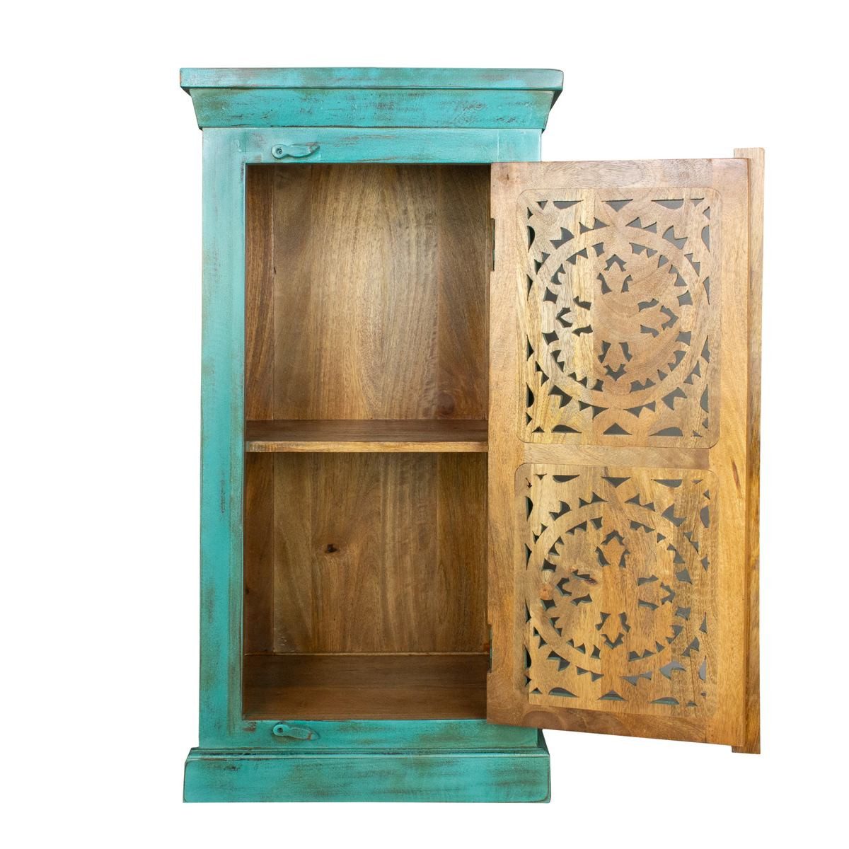 Oriental Galerie Mehrzweckschrank Türkis Kommode kleiner Schrank Indien Antik Design 100cm Flurschrank schmal hoch, Diele, Nachtschrank, Landhaus