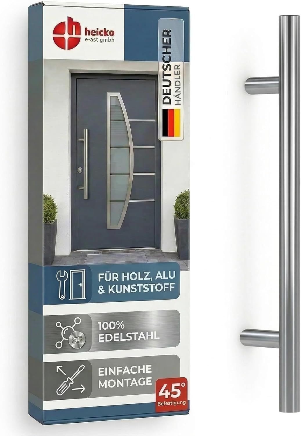 heicko e-ast GmbH Stoßgriff Haustürgriff Edelstahl "Vanessa", Stoßgriff mit 45° Stützen Ø 30 mm
