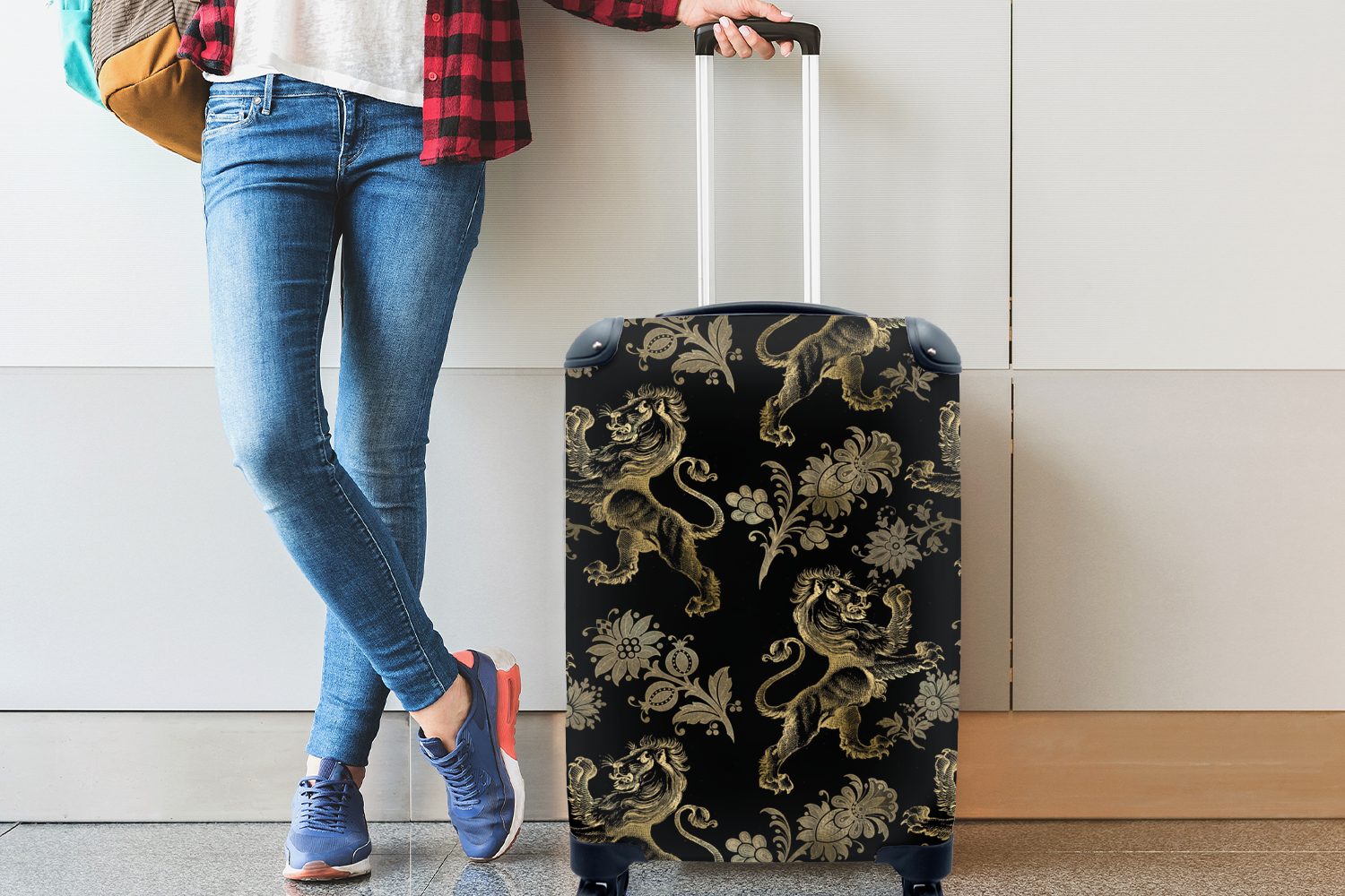 Muster MuchoWow Löwe - Reisekoffer Reisetasche 4 Rollen, mit rollen, Trolley, Ferien, - Schwarz, - Handgepäckkoffer für Gold Handgepäck