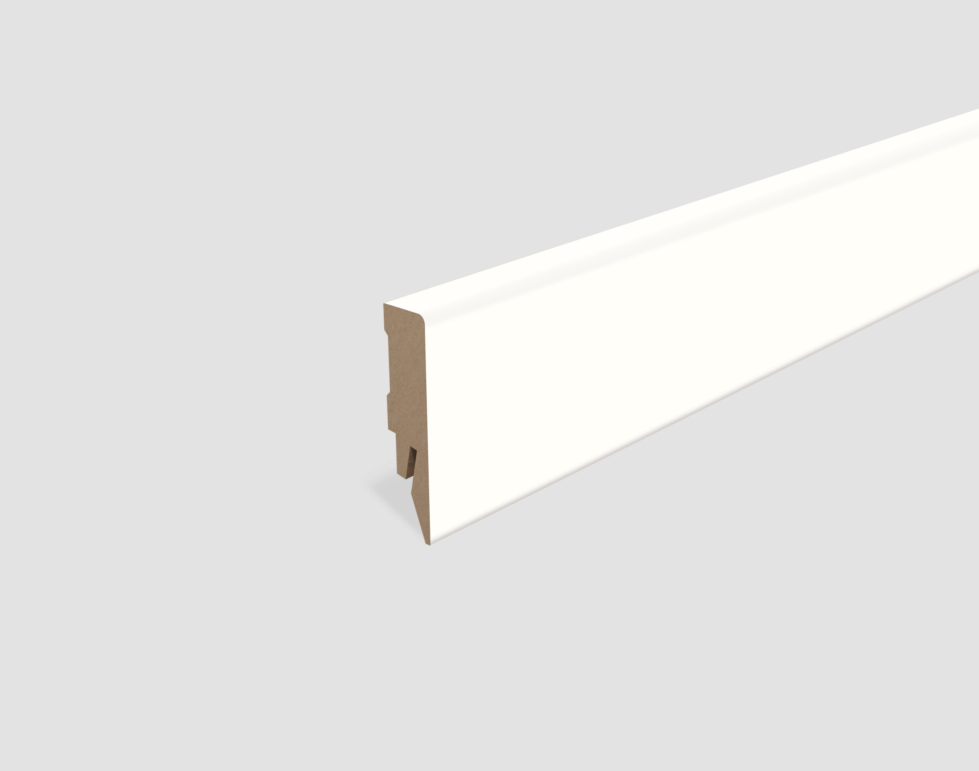 EGGER Sockelleiste L201 weiß, L: 240 cm, H: 5.8 cm, 1-St., 2,40m; neues kubisches Profil; passend zu Fußboden Murom Eiche natur