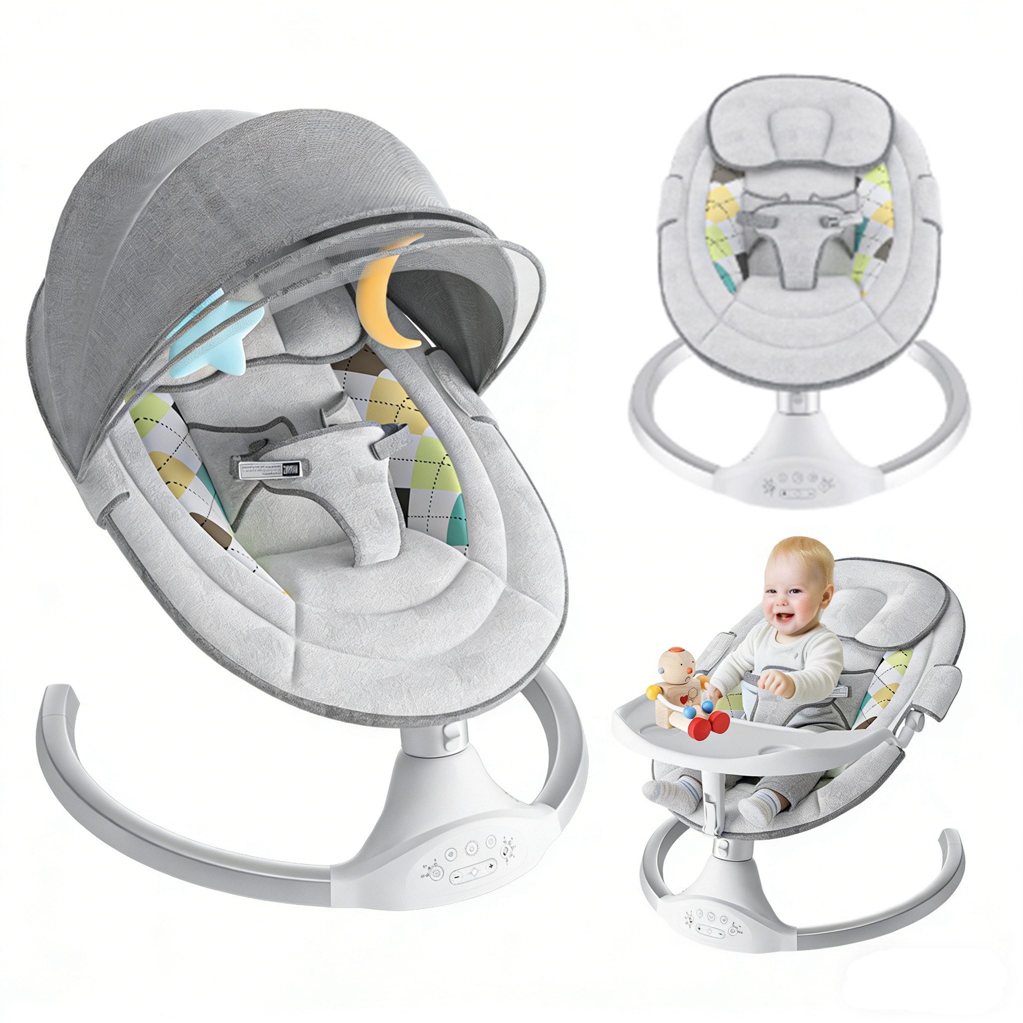 bioby Babyschaukel mit Esstisch, 5 Gang elektrisch Babywippe, mit bluetooth Musik und Moskitonetz max. 9kg