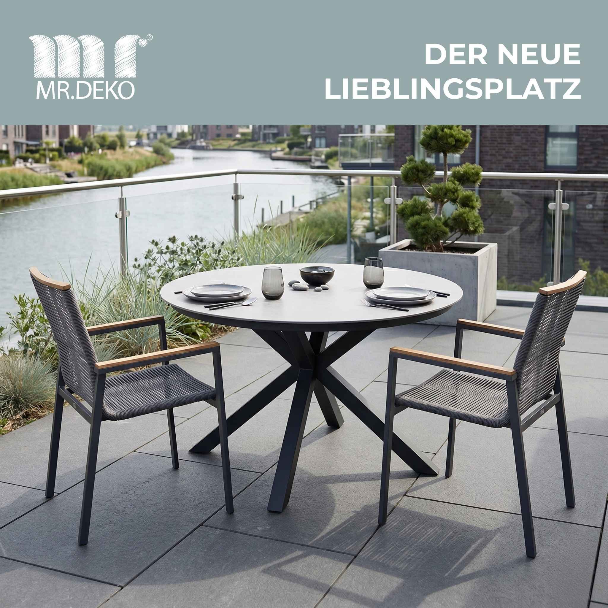 MR.DEKO Gartentisch rund Almeria – Ø120 cm, Aluminium, Keramikoptik, hellgrau (Aluminium-Tisch mit gesintertem Stein – ideal für Outdoor & Balkon, 1-St), Wetterfest & kratzfest – höhenverstellbar, stabile Tischplatte
