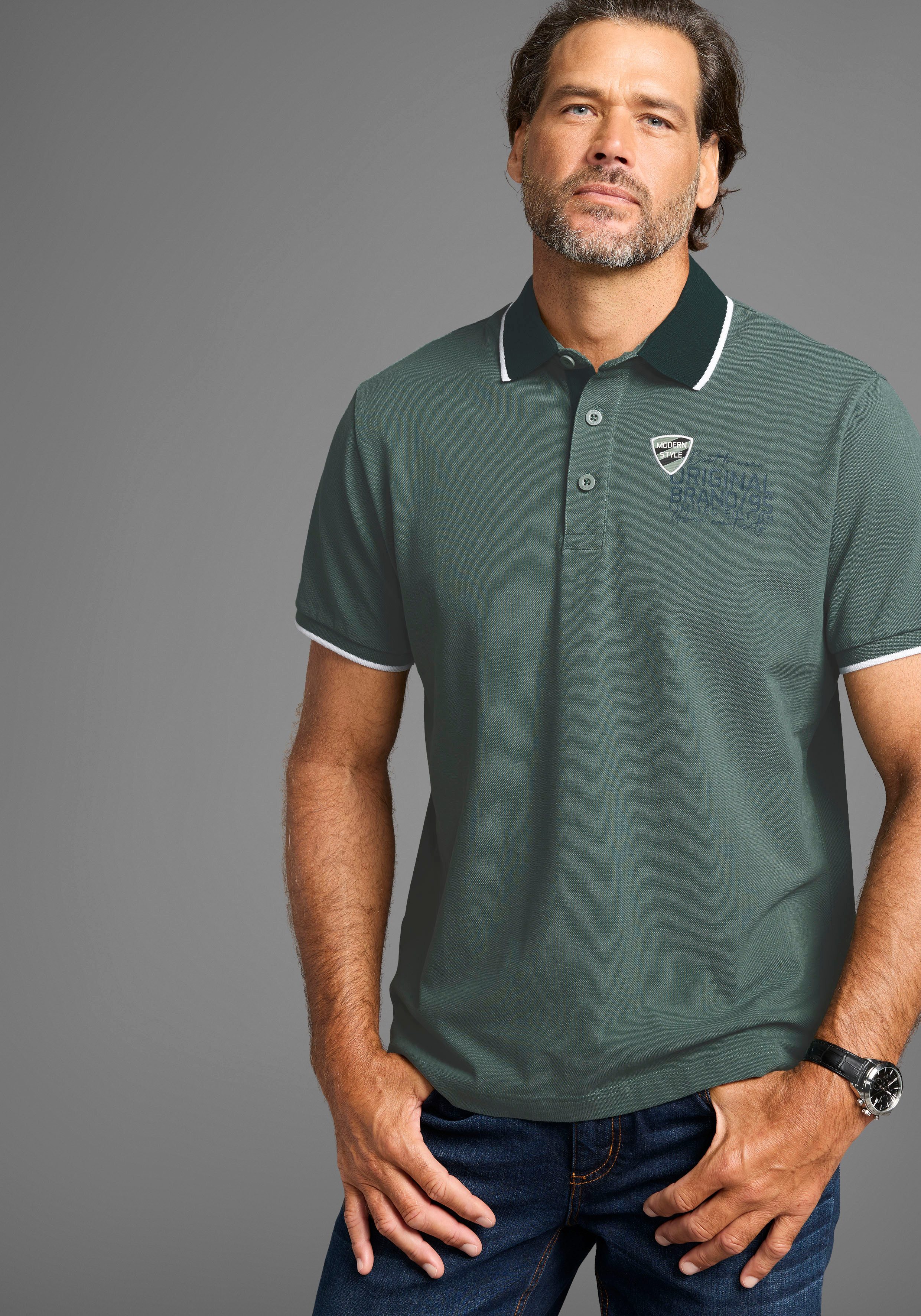 Man's World Poloshirt mit Brustprint, meliertes Material günstig online kaufen