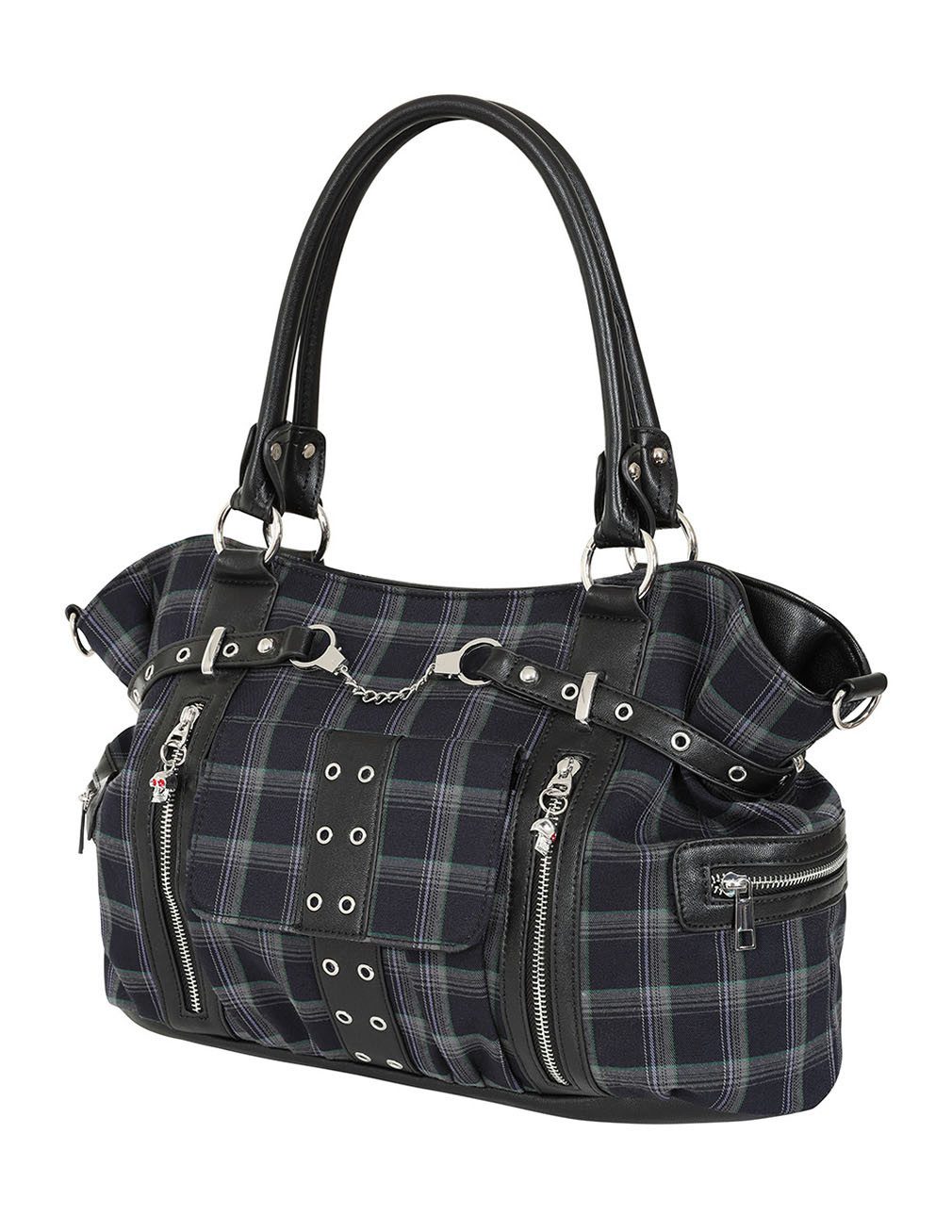 Banned Schultertasche Rise Up Grau, Tartan Handtasche Punk Nieten