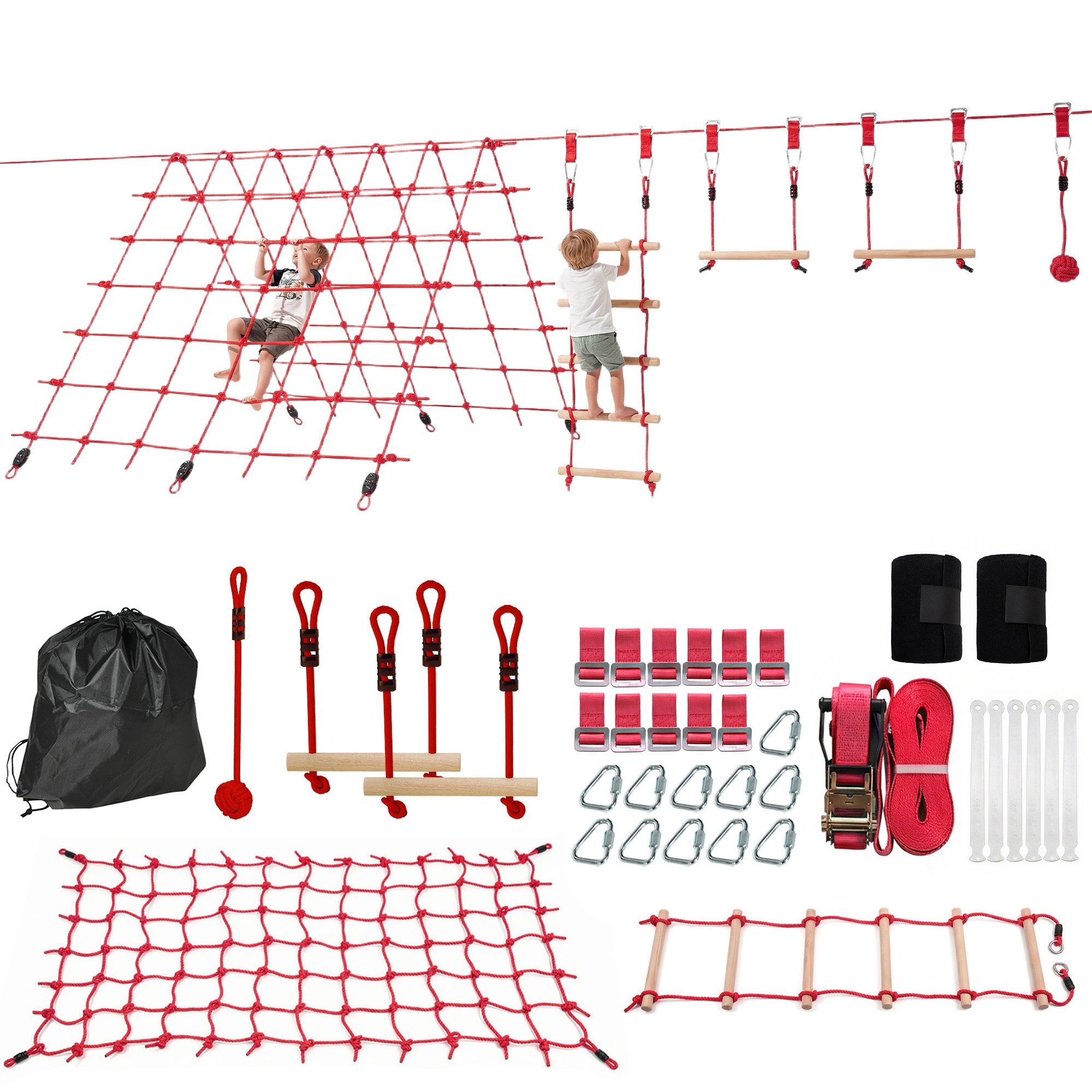 AIYAPLAY Slackline Ninja Line Kinder mit Turnringe, Schaukel, Kletterleiter, Kletternetz, für 3-6 Jahre Kinder Rot