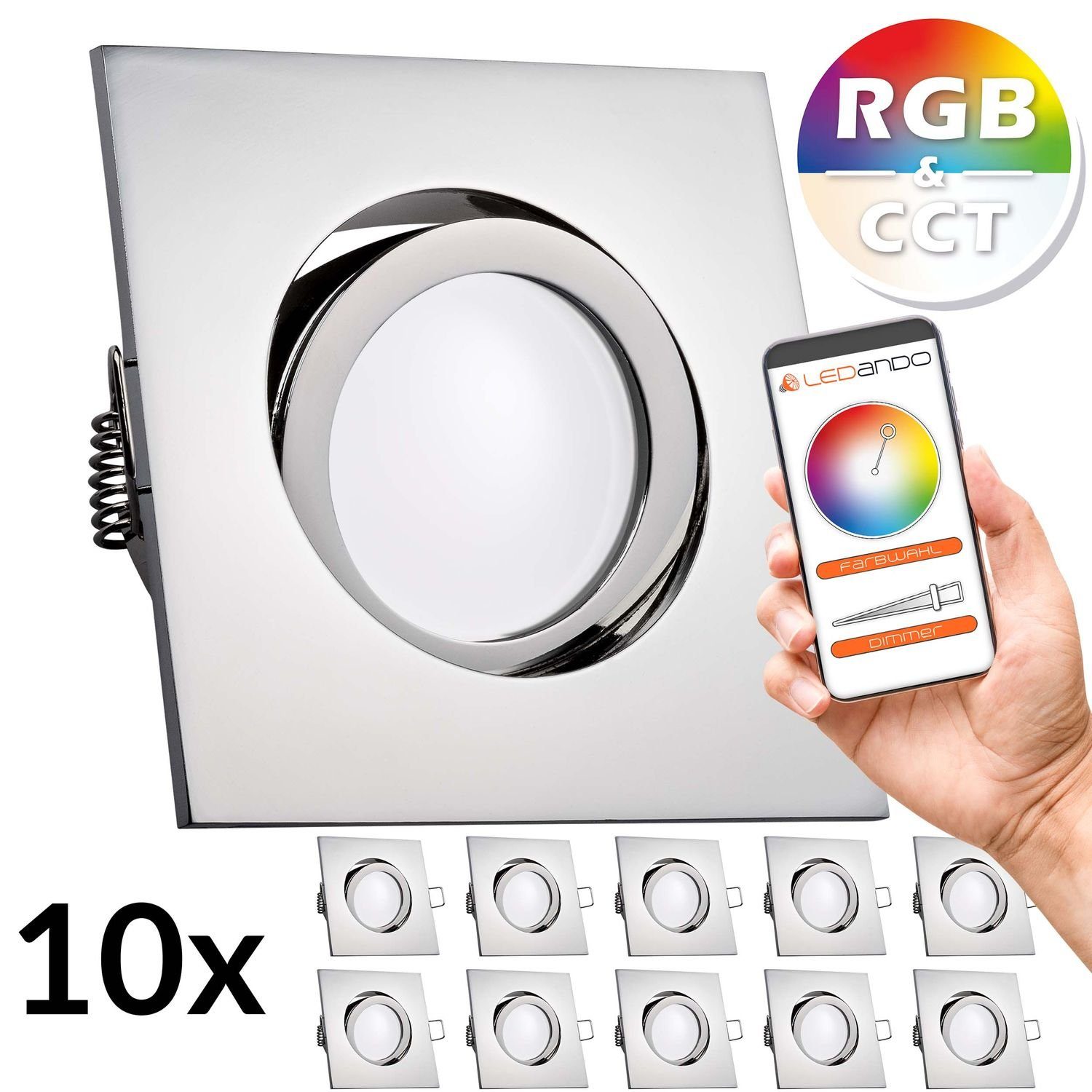Set RGB Einbaustrahler flach 10er Leuc CCT Einbaustrahler LED LED LEDANDO 5W mit chrom - extra in