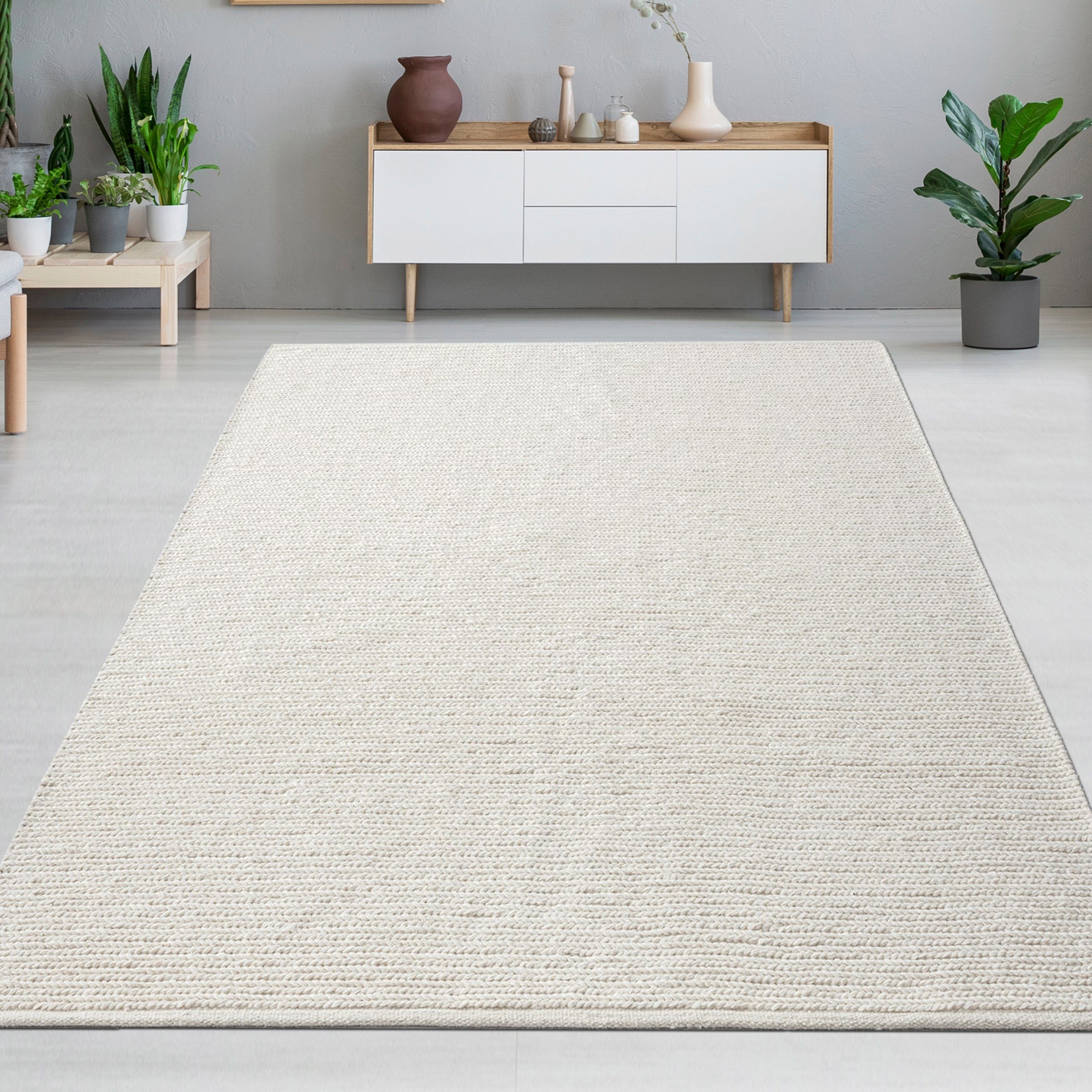 Carpetia Wollteppich Elegant handgewobener Wollteppich in creme, rechteckig, Höhe: 10 mm, handgewebt