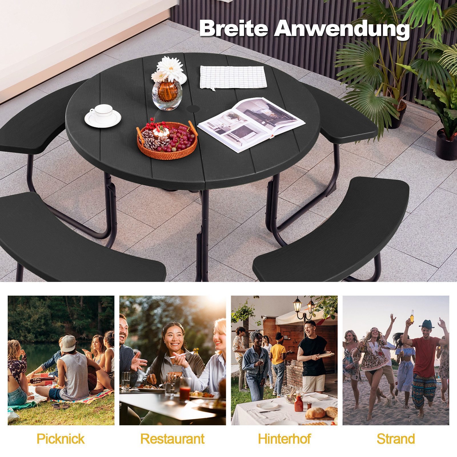 COSTWAY Gartentisch, Sitzgarnitur, Picknicktisch mit Schirmloch HDPE