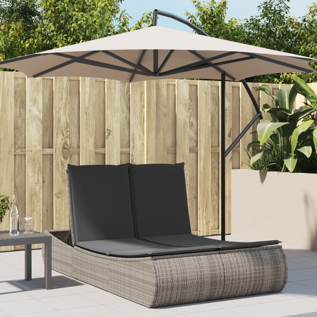 vidaXL Gartenliege Doppel-Sonnenliege mit Kissen Grau Poly Rattan, 1 St.