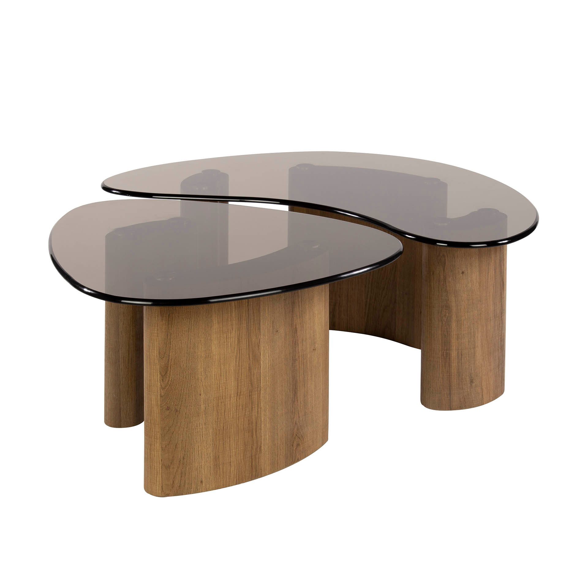 LEVEN Lifestyle Couchtisch 2 tlg. Wohnzimmertisch LUNA organische Form mit Glasplatte (2´er Set), Tischplatte aus gehärtetem, braunem Rauchglas