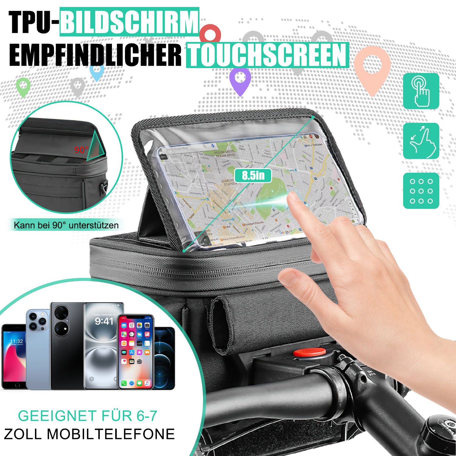 HEYHIPPO Fahrradkorb Lenkertasche, wasserdichter Fahrradkorb mit großem Fassungsvermögen (Umhängetasche Fahrrad Fronttasche, Geeignet für Mountainbikes, Vorderkopf kann Cross-Body sein, schwarz), Doppelreißverschluss fahrradtasche vorne 20,6 x 18,3 x 12,5 cm