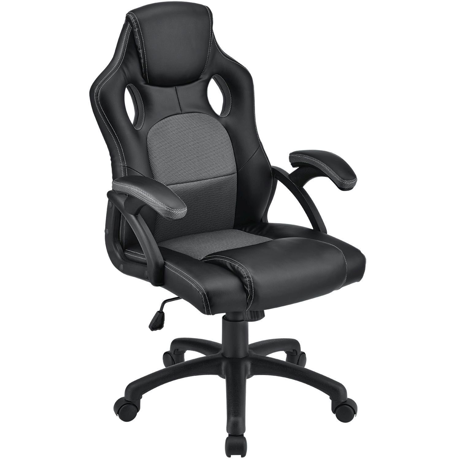 Juskys Gaming-Stuhl Montreal, Ergonomisch geformte Sitzfläche, Rückenlehne und Sitzfläche kippbar Schwarz, Grau