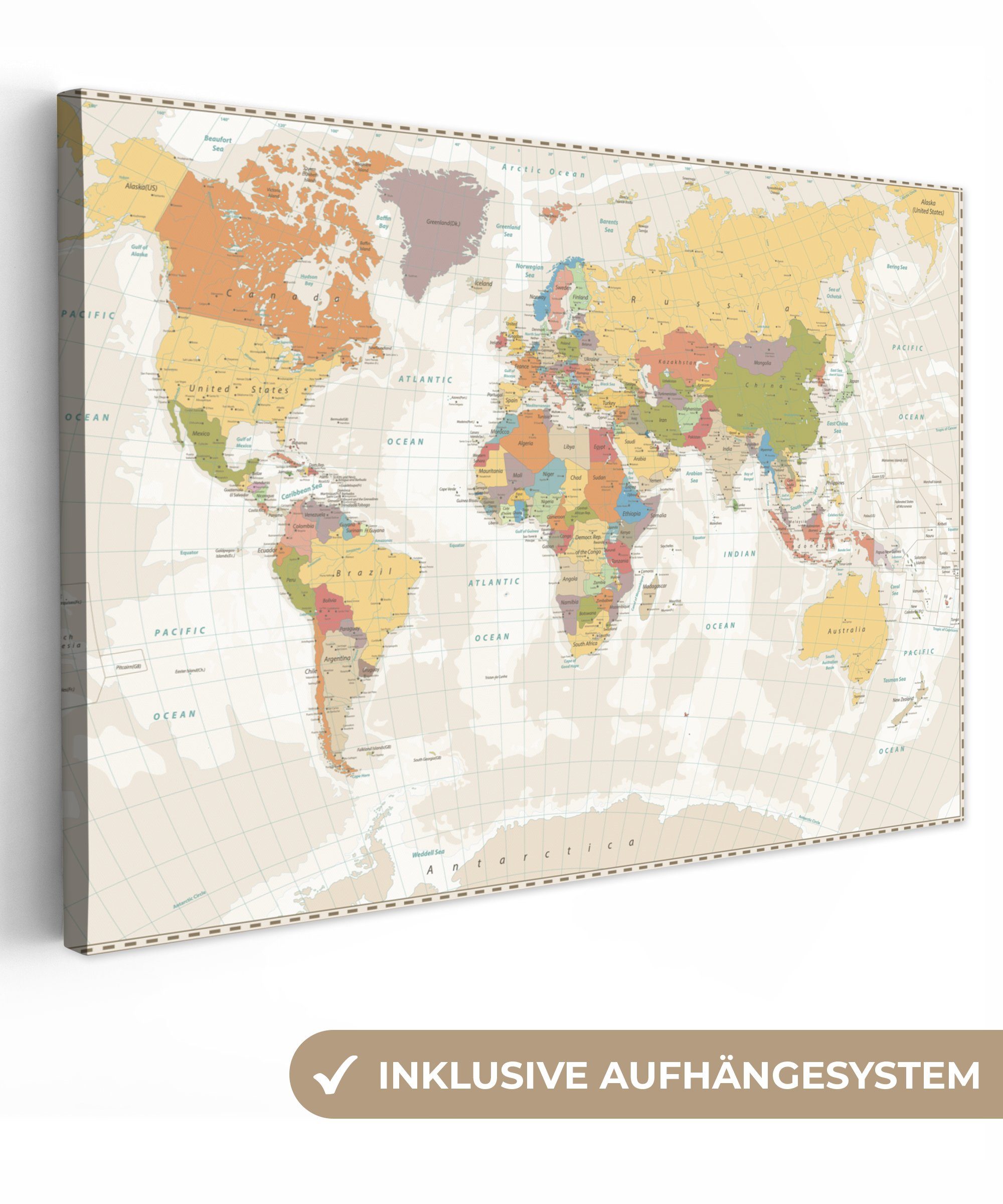 OneMillionCanvasses® Leinwandbild Weltkarte - Retro - Farben - Pädagogisch - Statistisch, (1 St), Wandbild für alle Wohnbereiche, Gemälde, XXL, großes, 120x80 cm