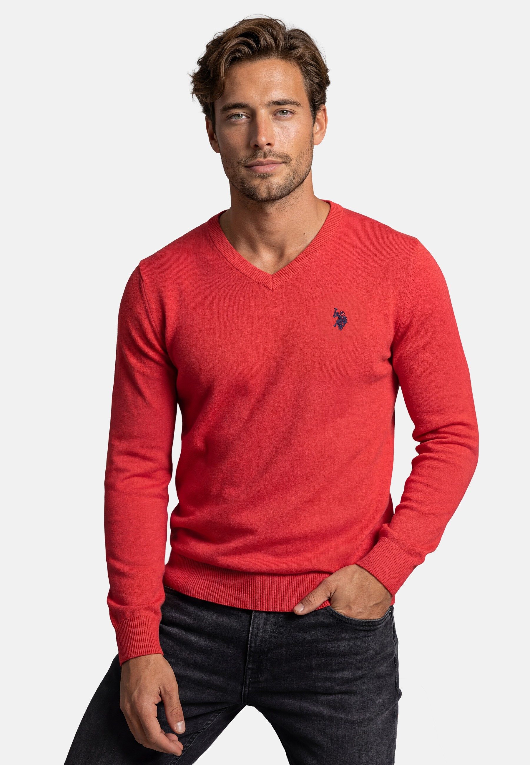 U.S. Polo Assn. V-Ausschnitt-Pullover Longsleeve USPhil – Herren V-Neck Classic Fit mit Logo-Stickerei Angenehme Baumwollmischung, weiches Material und sportiver Look