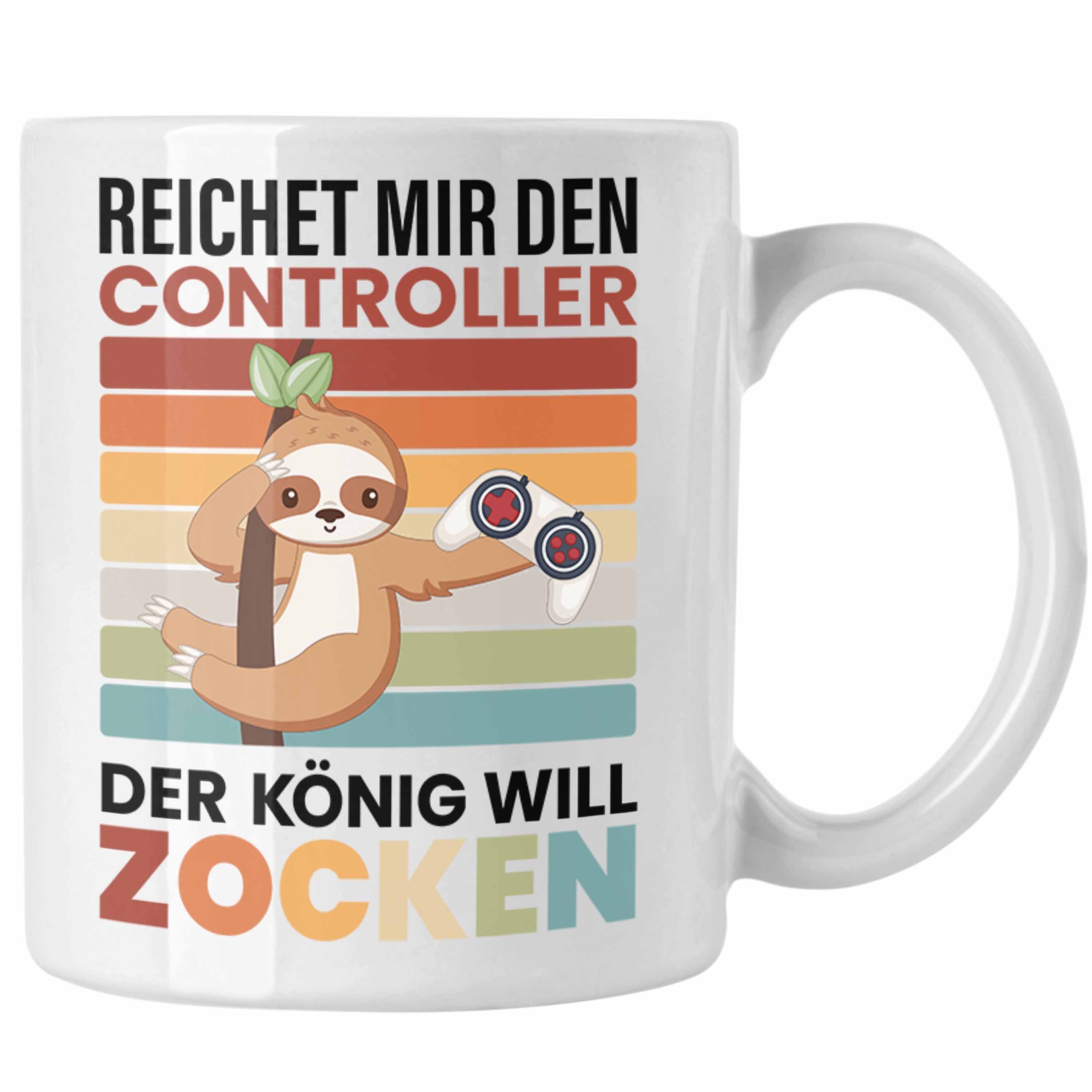 Trendation Tasse Trendation - Zocken Reichet Mir den Controller König Tasse Geschenk Gamer Jungs Jungen Geschenkidee Zocker Faultier Grafik Weiss