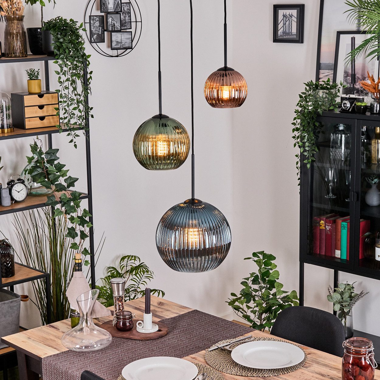 hofstein Hängeleuchte Hängelampe aus Metall/Riffelglas in Schwarz/Grün/Blau günstig online kaufen