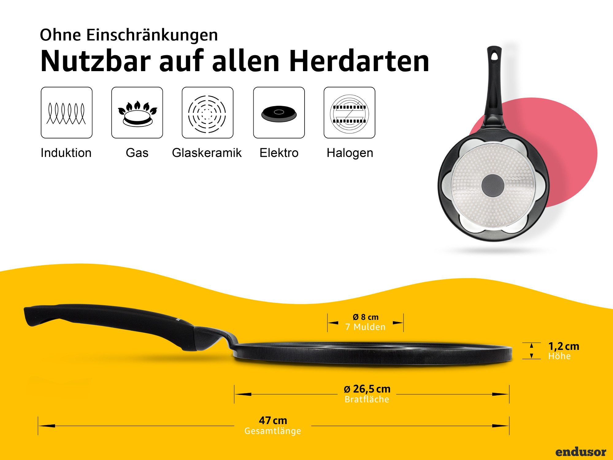 endusor Crêpepfanne Pancake Pfanne ⌀26cm mit 7 Smiley Motiven für Kinder, Aluminiumguss (Alle Herdarten inkl. Induktion, Ø 26cm Bratpfanne), modernster Antihaft-Beschichtung & Eisenkernboden für Pancakes & Mehr