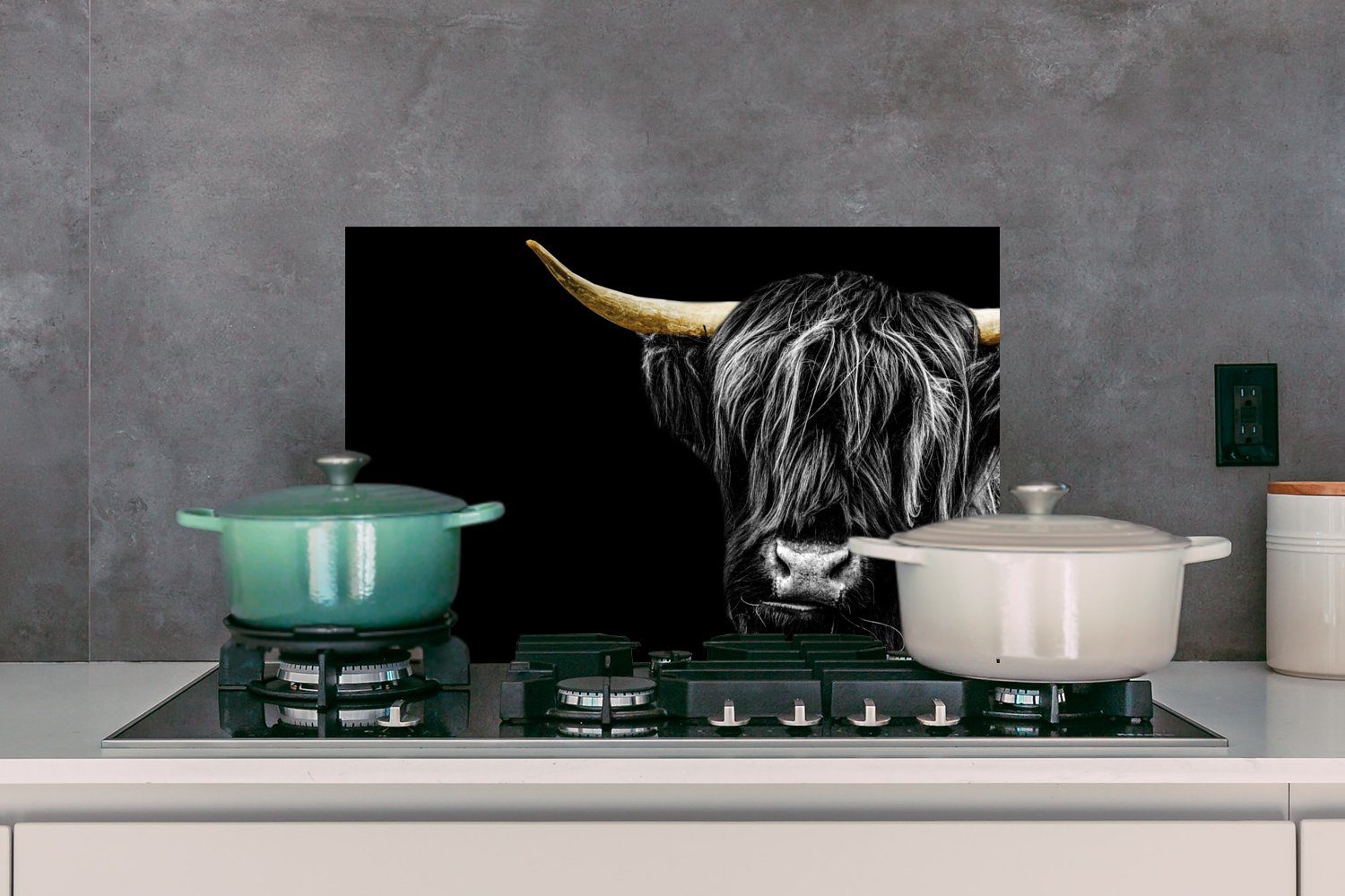Tiere - cm, Küchenrückwand Herdblende Schottischer Highlander MuchoWow - Mantel küchen Wandschutz, aus - Gold - Kuh, Temperaturbeständig 60x40 (1-tlg),