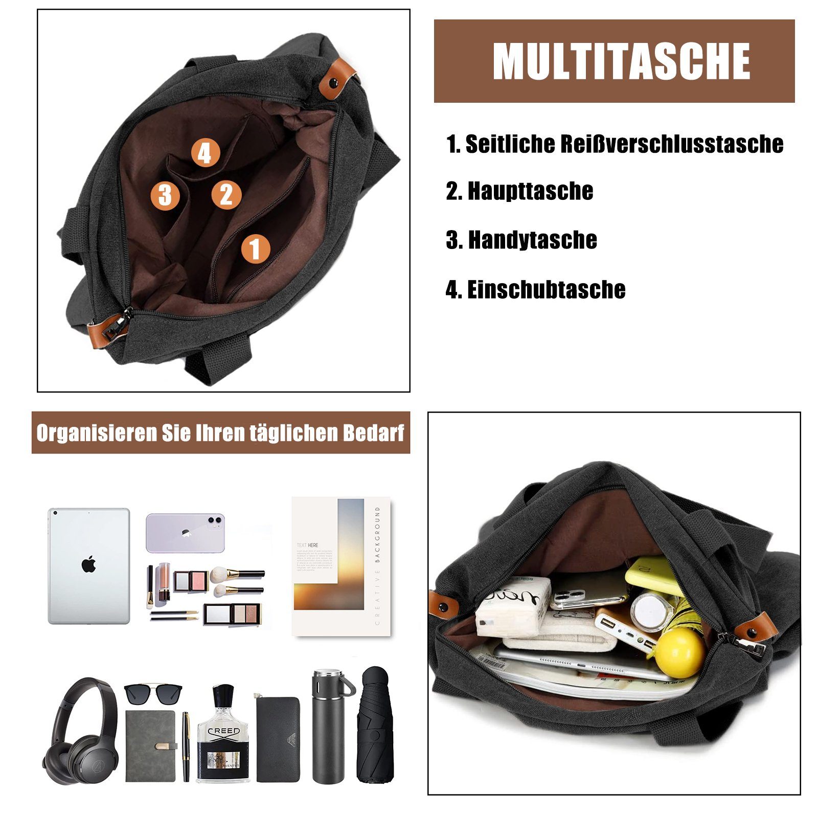 Casual Multifunktionale Bag Umhängetasche, TAN.TOMI Umhängetasche Canvas Schwarz Schultertasche, Crossbody Groß Handtasche,