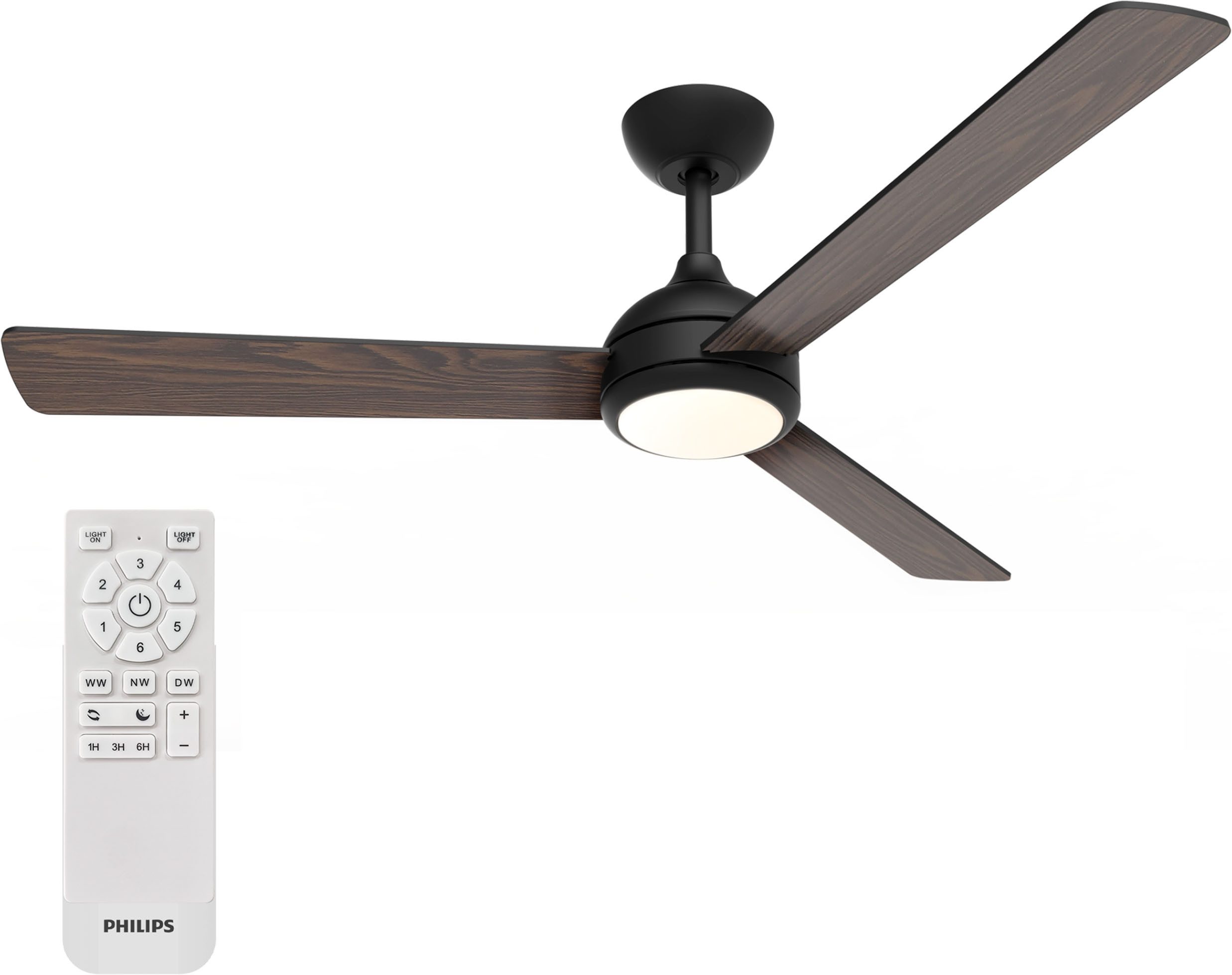 Philips LED Deckenleuchte Civx 24W, Ventilator 32W, drehbare Blätter, ⌀132cm schwarz-dunkelbraun, CCT - über Fernbedienung, Dimmer, Dimmfunktion, Ein-/Ausschalter, Farbsteuerung, Fernbedienung, Infrarot inkl., Memoryfunktion, Ventilatorfunktion, dimmbar über Fernbedienung, mehrere Helligkeitsstufen, LED fest integriert, warmweiß - kaltweiß, 3000-6500 Kelvin, dimmbar mit Fernbedienung, 2500 Lumen
