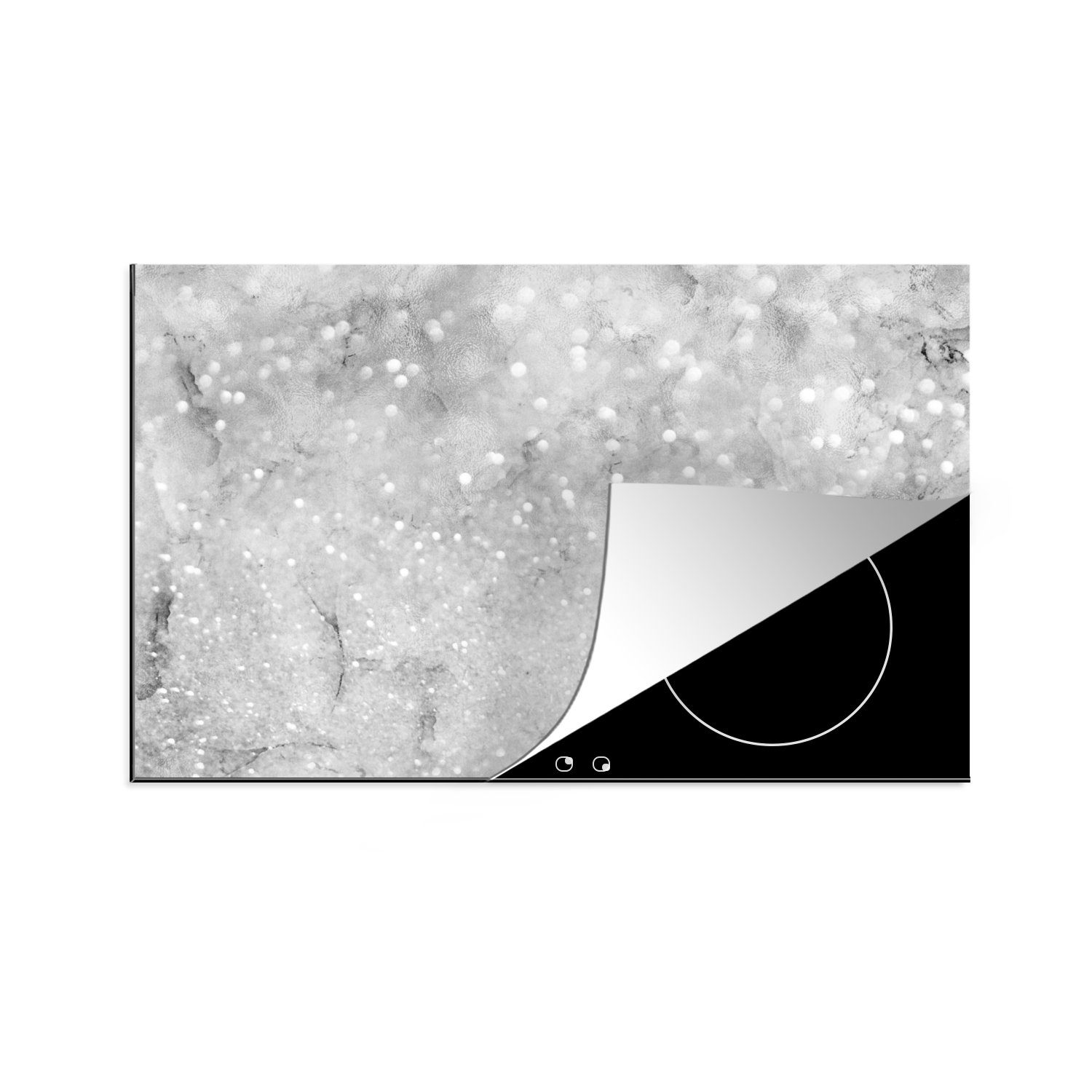 MuchoWow Herdblende-/Abdeckplatte Marmor - Glitter - Weiß - Grau, Vinyl, (1 tlg), 81x52 cm, Induktionskochfeld Schutz für die küche, Ceranfeldabdeckung