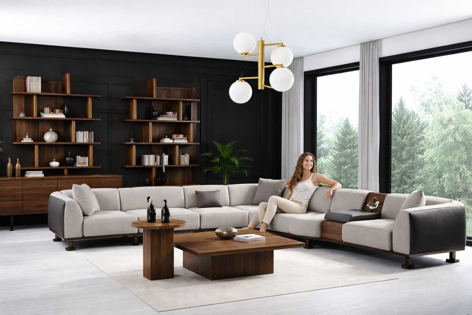 Xlmoebel Bücherwand Elegantes Bücherregal aus Holz in Braun mit goldenen Akzenten, freistehend 1-tlg., Made in Europa