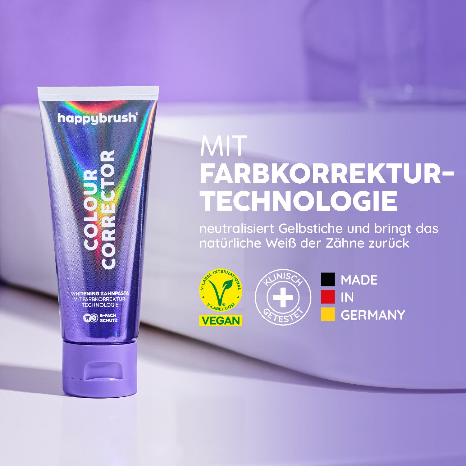 happybrush Zahnpasta Colour Corrector- für weiße Zähne & zur Zahnaufhellung, (Einzelpack) Farbkorrektur-Technologie, 5-fach Schutz