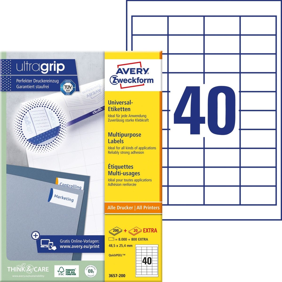 Avery Zweckform Etiketten Universal-Etiketten ultragrip 48,5x25,4 mm VE=4.000 Etiketten / 100 Bo