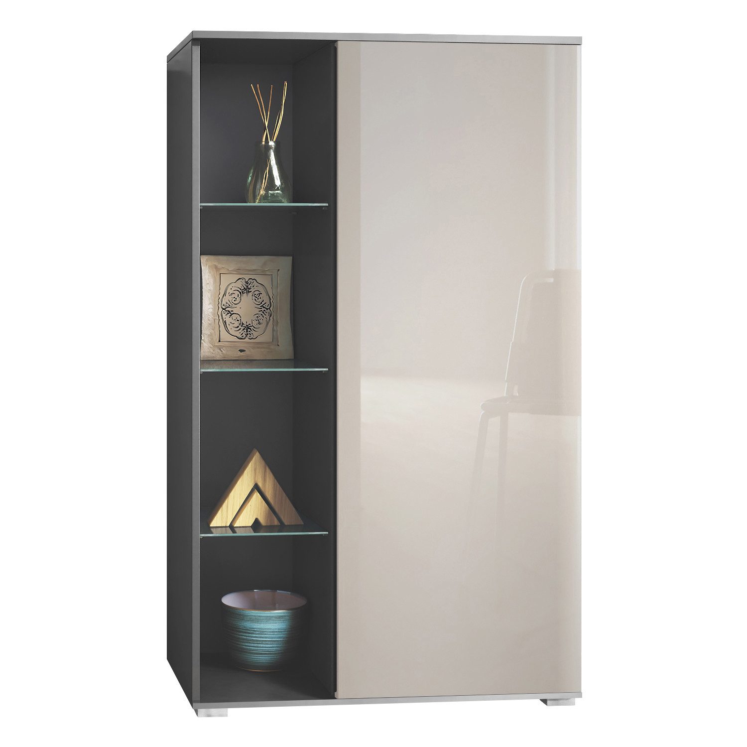 Vladon Standvitrine Davos (Standvitrine, mit 3 Glasböden und 8 Fächer) Anthrazit matt/Sandgrau Hochglanz (71,5 x 134 x 35 cm)