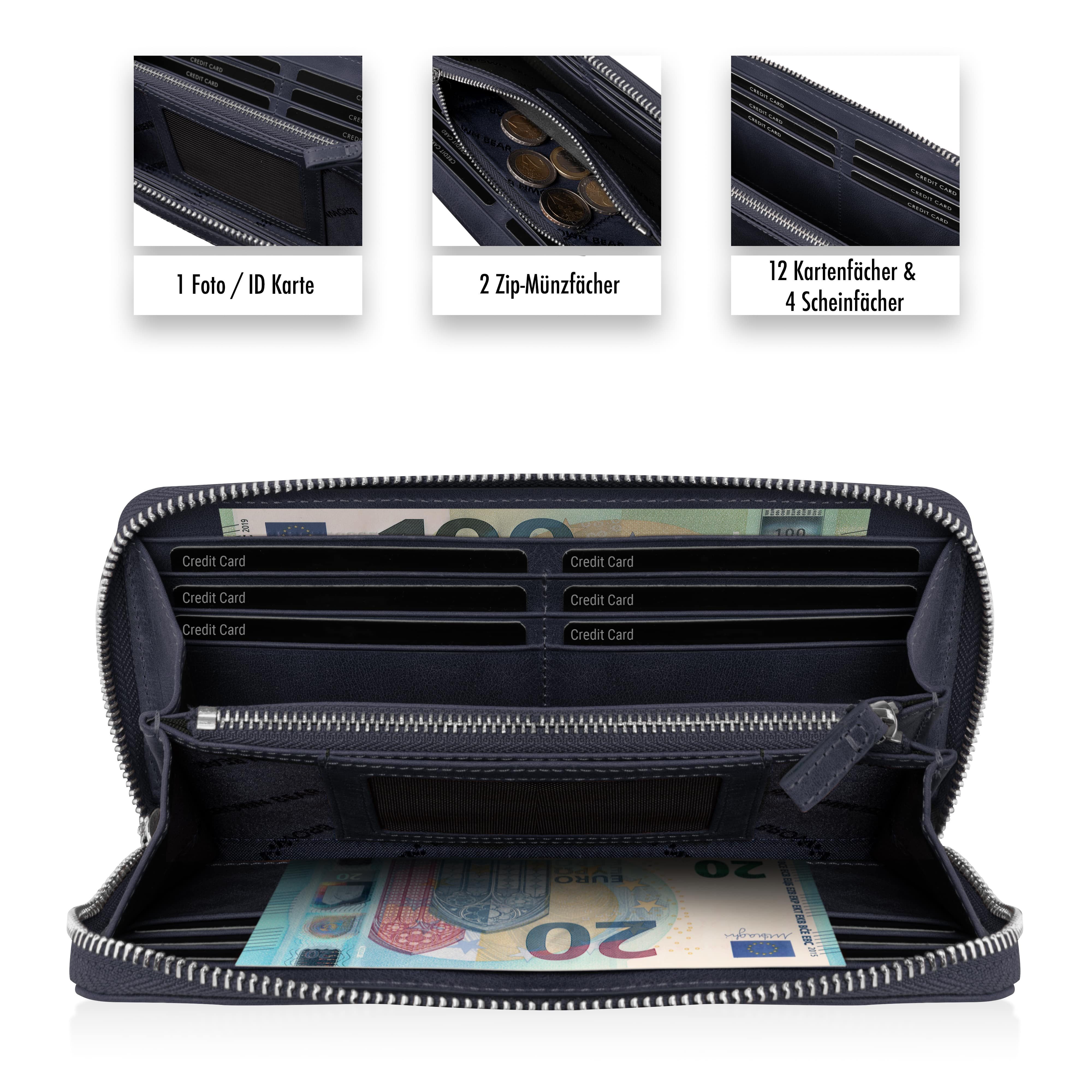 Brown Bear Geldbörse Conny aus Echtleder mit umlaufendem Reißverschluss, mit RFID-Schutz und 13 Kartenfächern Farbe Blau